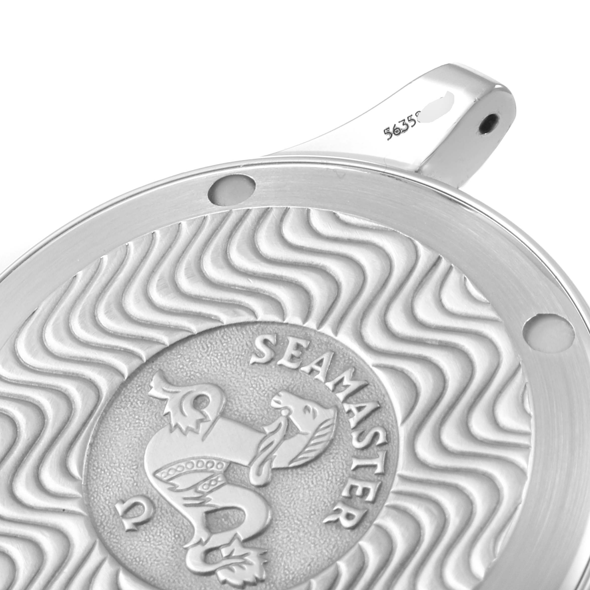 This image shows a close-up of the case back of an Omega Seamaster 2561.80.00 Men's Stainless Steel Blue Dial 2561.80.00 Men's Stainless Steel Blue Dial watch, featuring its embossed design and branding.