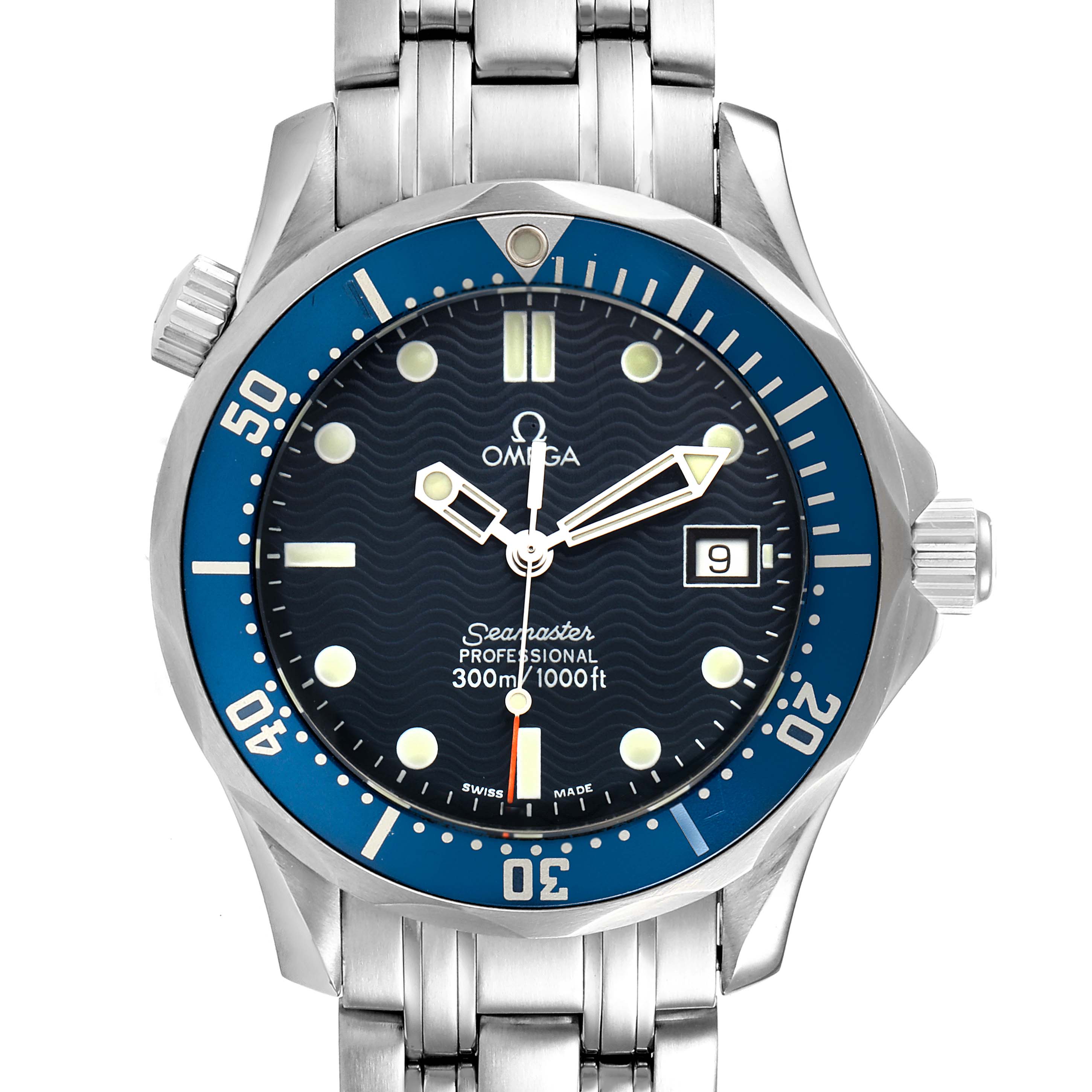 The image depicts a frontal view of an Omega Seamaster 2561.80.00 Men's Stainless Steel Blue Dial 2561.80.00 Men's Stainless Steel Blue Dial watch, showing the dial, bezel, bracelet, and crown.