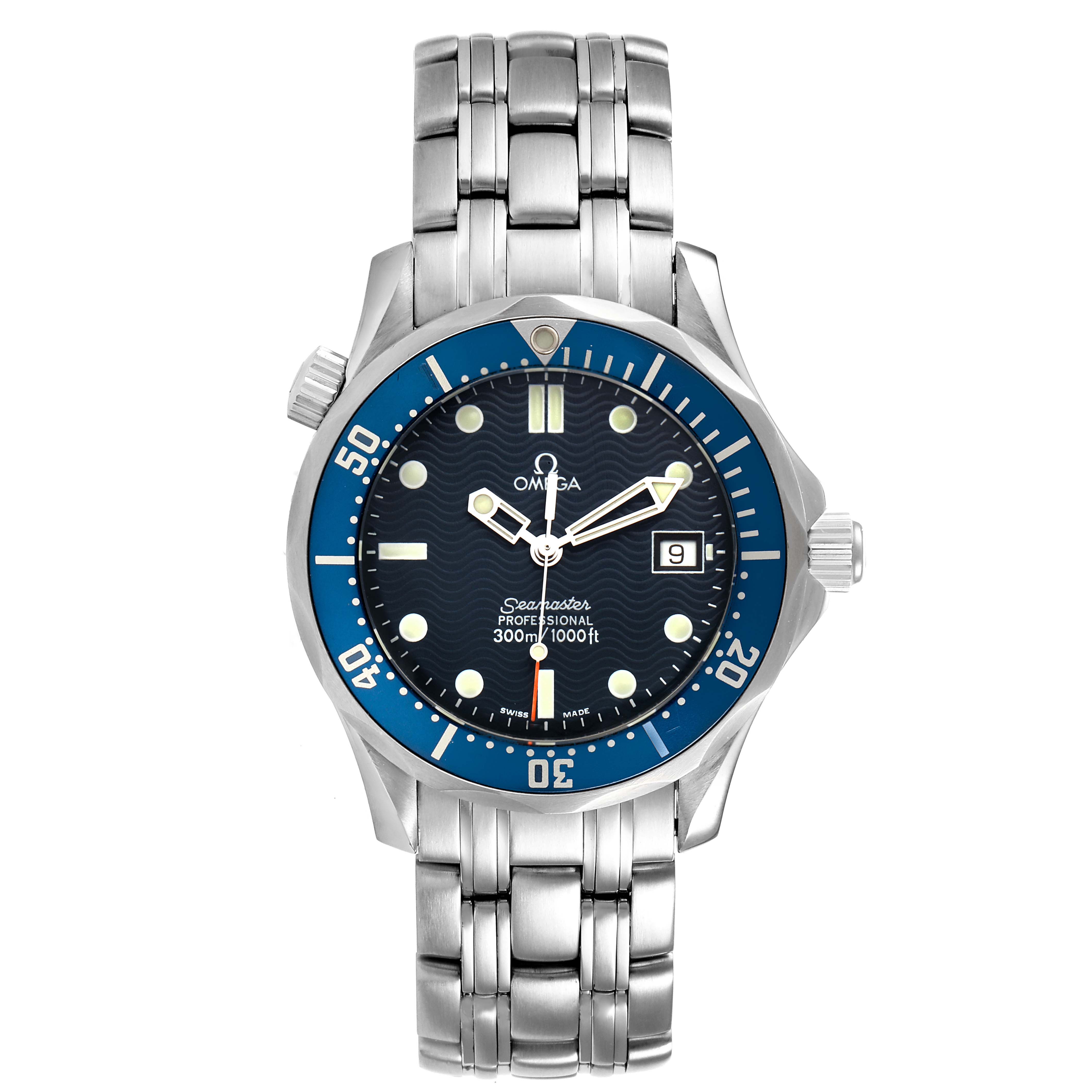 This is a frontal view of the Omega Seamaster 2561.80.00 Men's Stainless Steel Blue Dial 2561.80.00 Men's Stainless Steel Blue Dial watch, showing the dial, bezel, hour markers, hands, crown, date display, and metal bracelet.