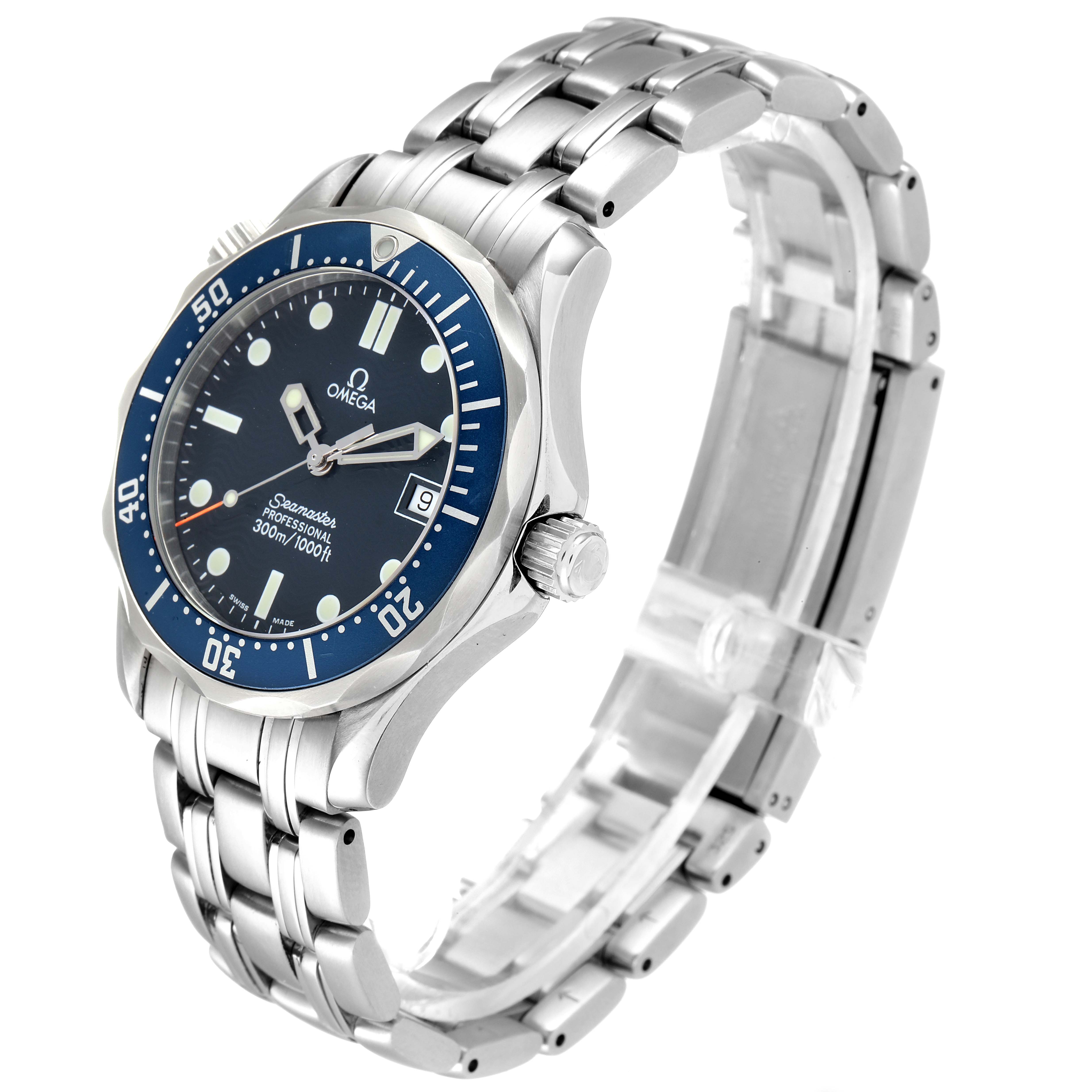 The image shows an Omega Seamaster 2561.80.00 Men's Stainless Steel Blue Dial 2561.80.00 Men's Stainless Steel Blue Dial watch at an angled side view, displaying the face, bezel, crown, and bracelet.