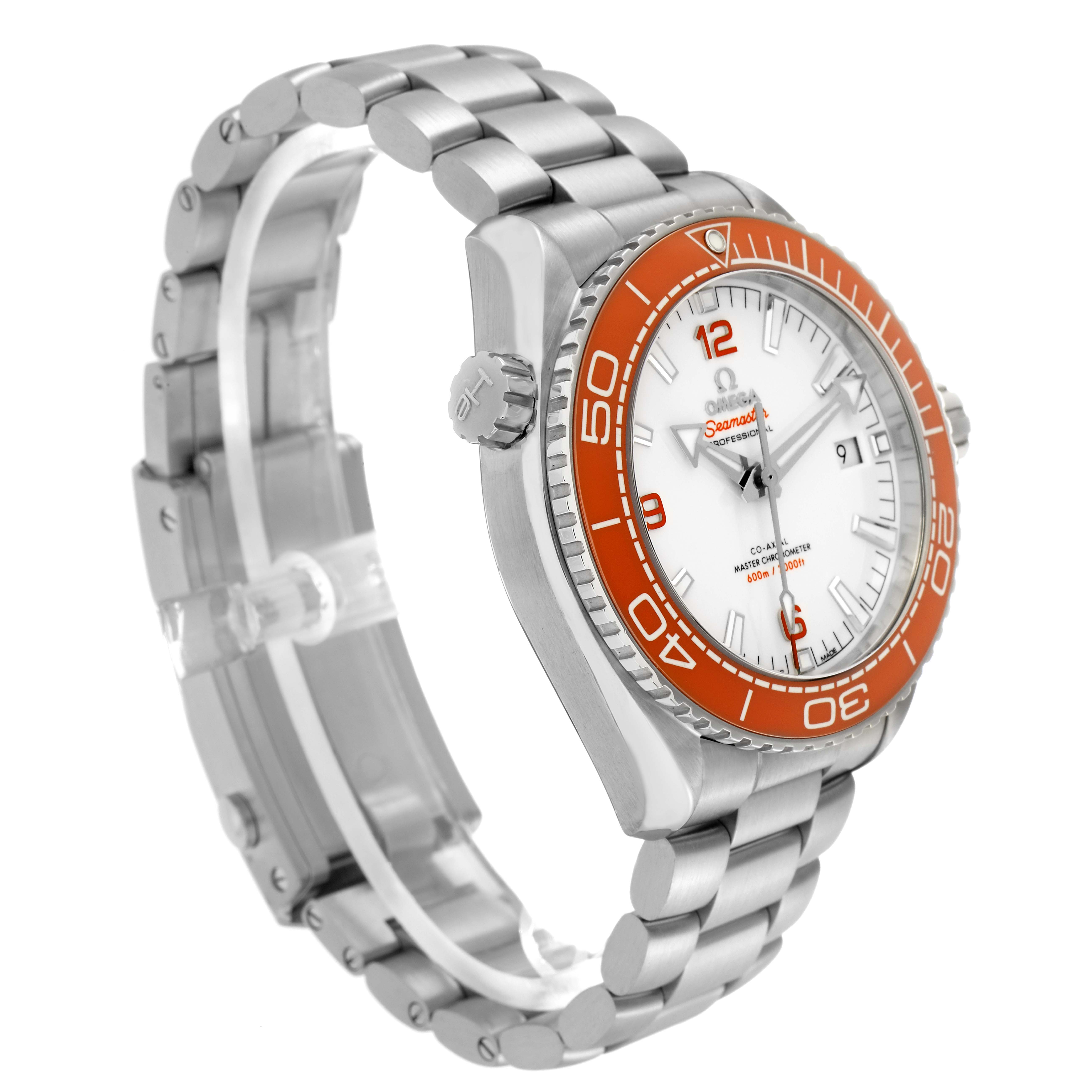 The image shows an Omega Planet Ocean model 215.30.44.21.04.001 watch from a three-quarter angle, highlighting the bracelet, bezel, face, and crown.