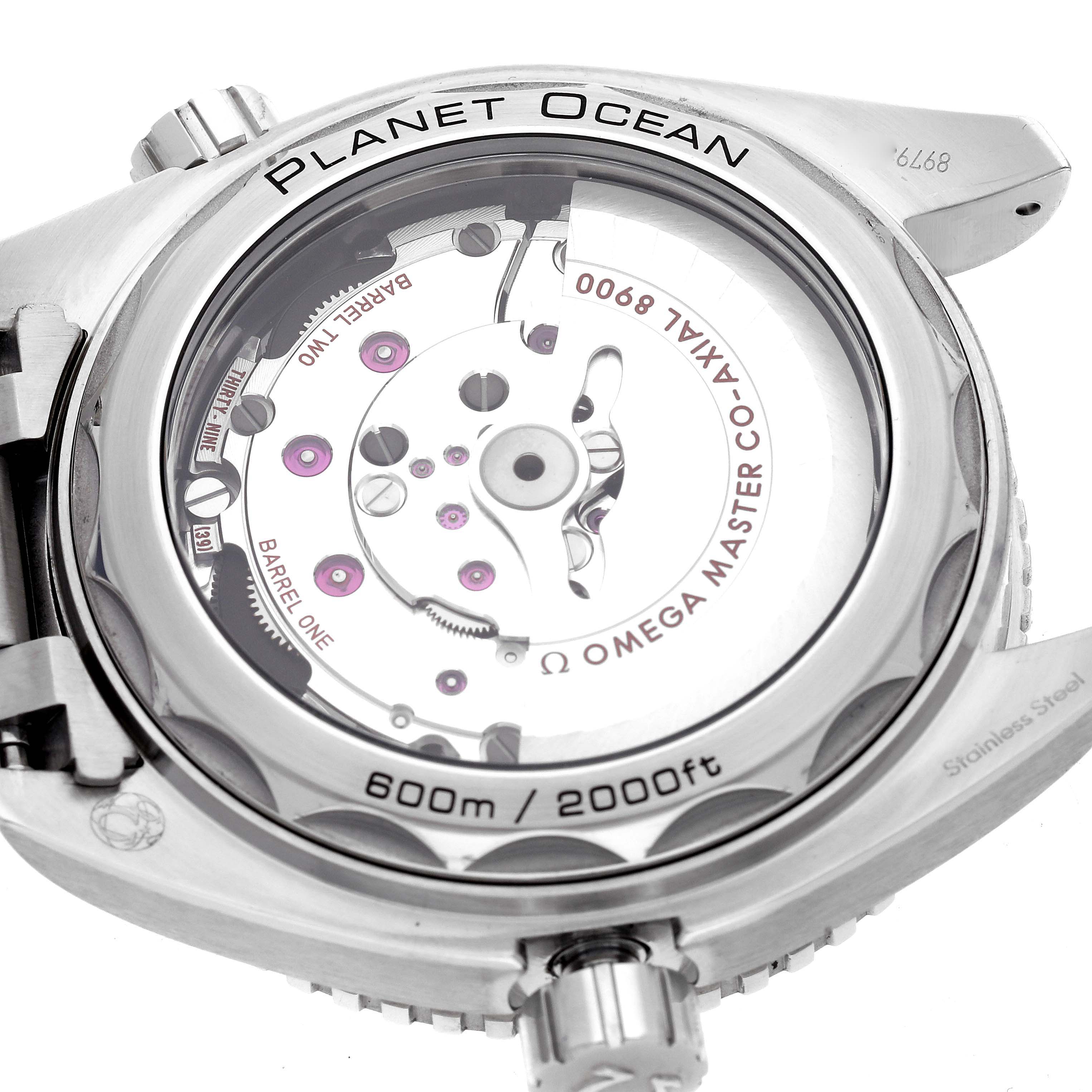 The image shows the back view of the Omega Planet Ocean watch model 215.30.44.21.04.001, focusing on the transparent case back revealing the movement inside.