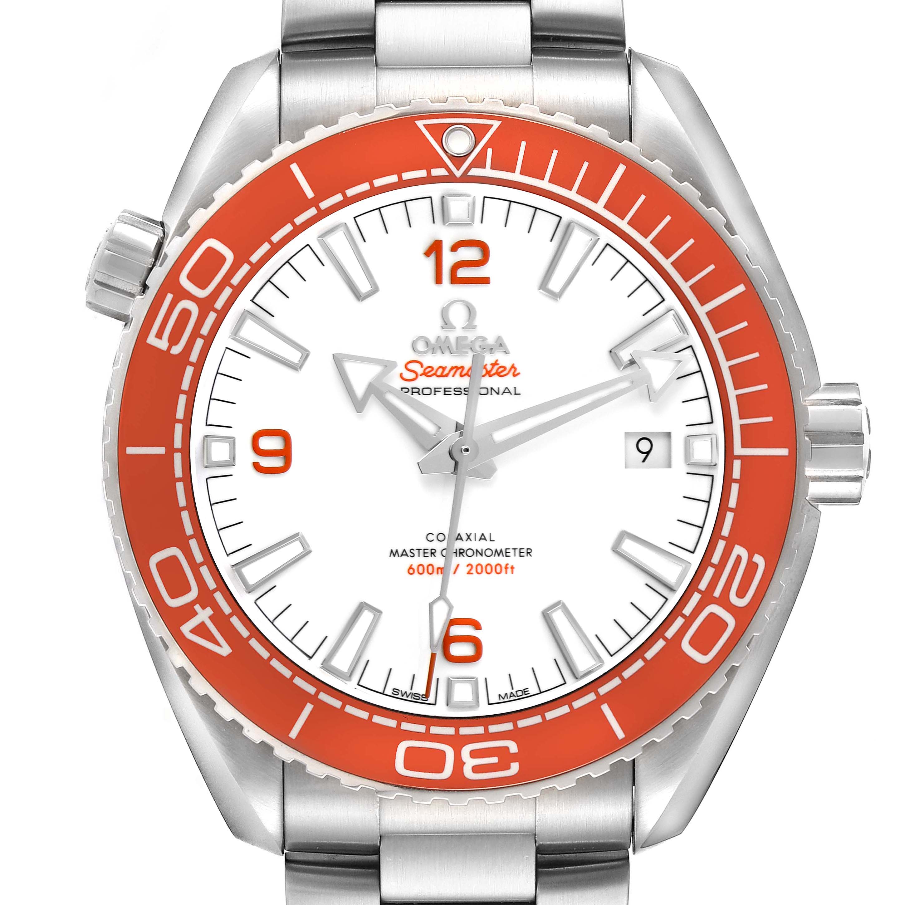 The Omega Planet Ocean model 215.30.44.21.04.001 is shown from the front, displaying the dial, orange bezel, crown, date window, and part of the bracelet.