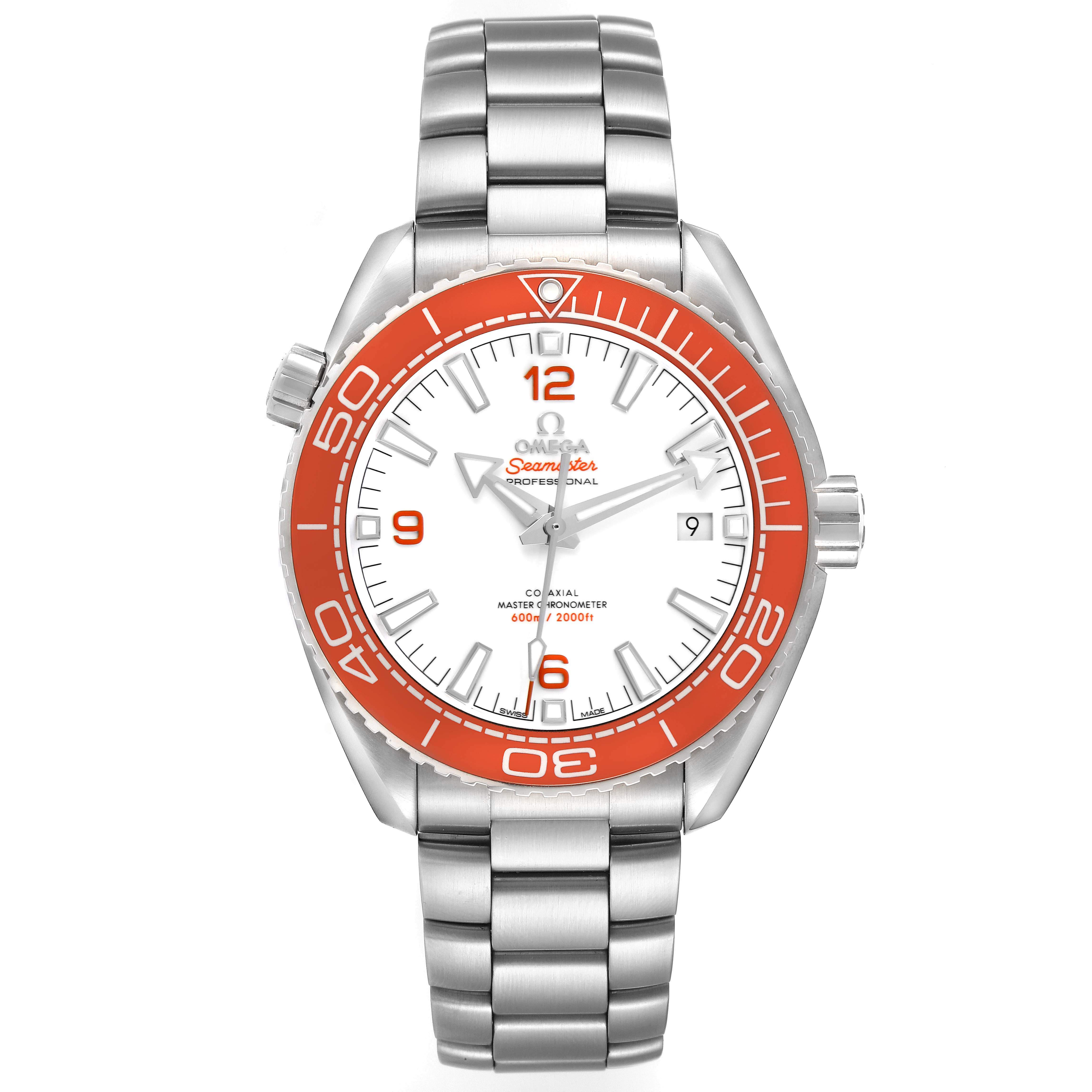 The Omega Planet Ocean model 215.30.44.21.04.001 watch is shown from a front angle, displaying its white dial, orange bezel, and stainless steel bracelet.