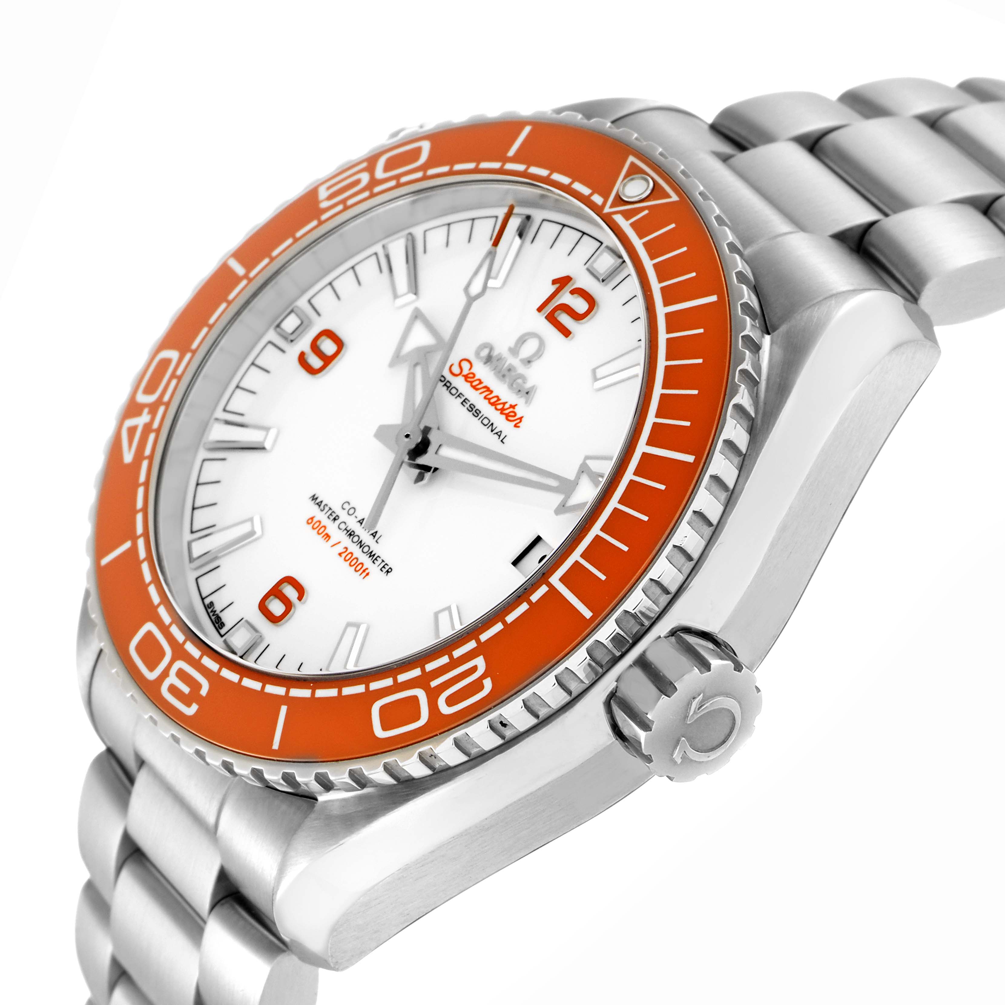 The Omega Planet Ocean model 215.30.44.21.04.001 is shown at a slight side angle, highlighting the orange bezel, crown, and part of the bracelet.