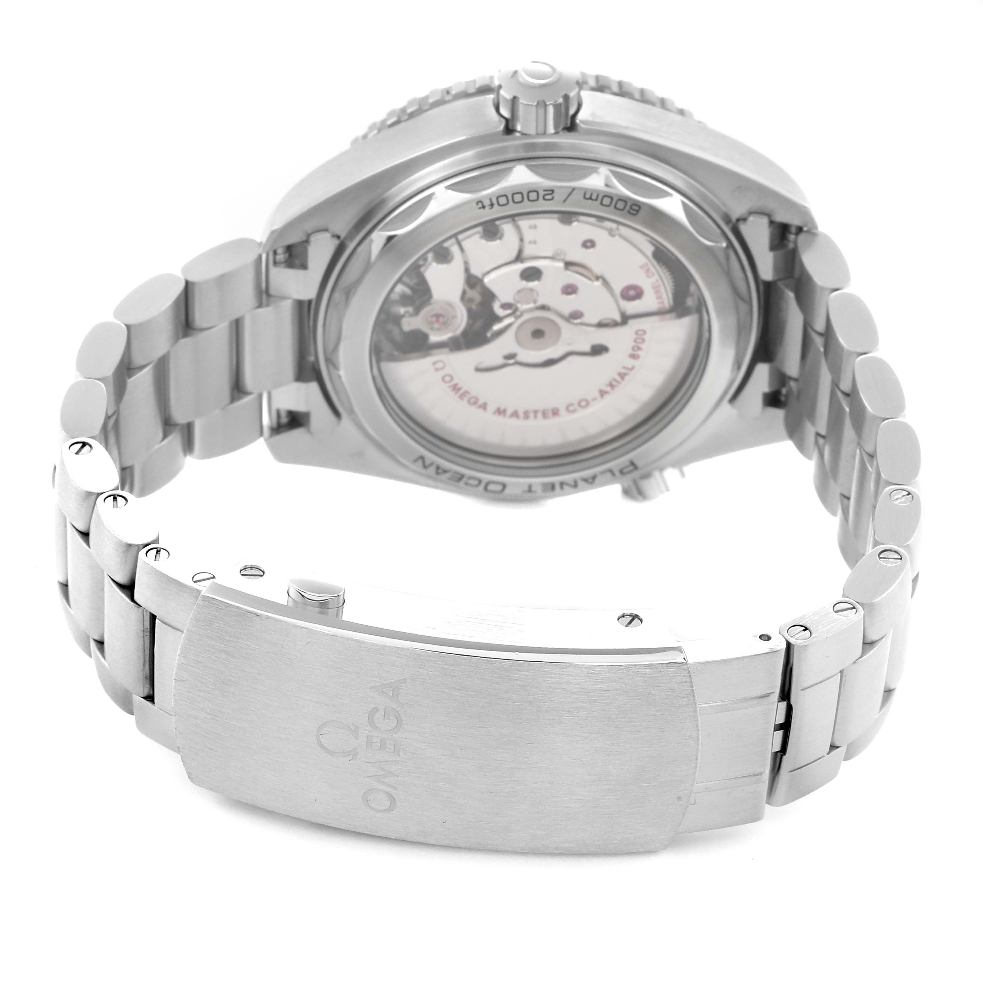 The Omega Planet Ocean model 215.30.44.21.04.001 is shown from the back, highlighting the transparent case back, crown, and bracelet with a branded clasp.