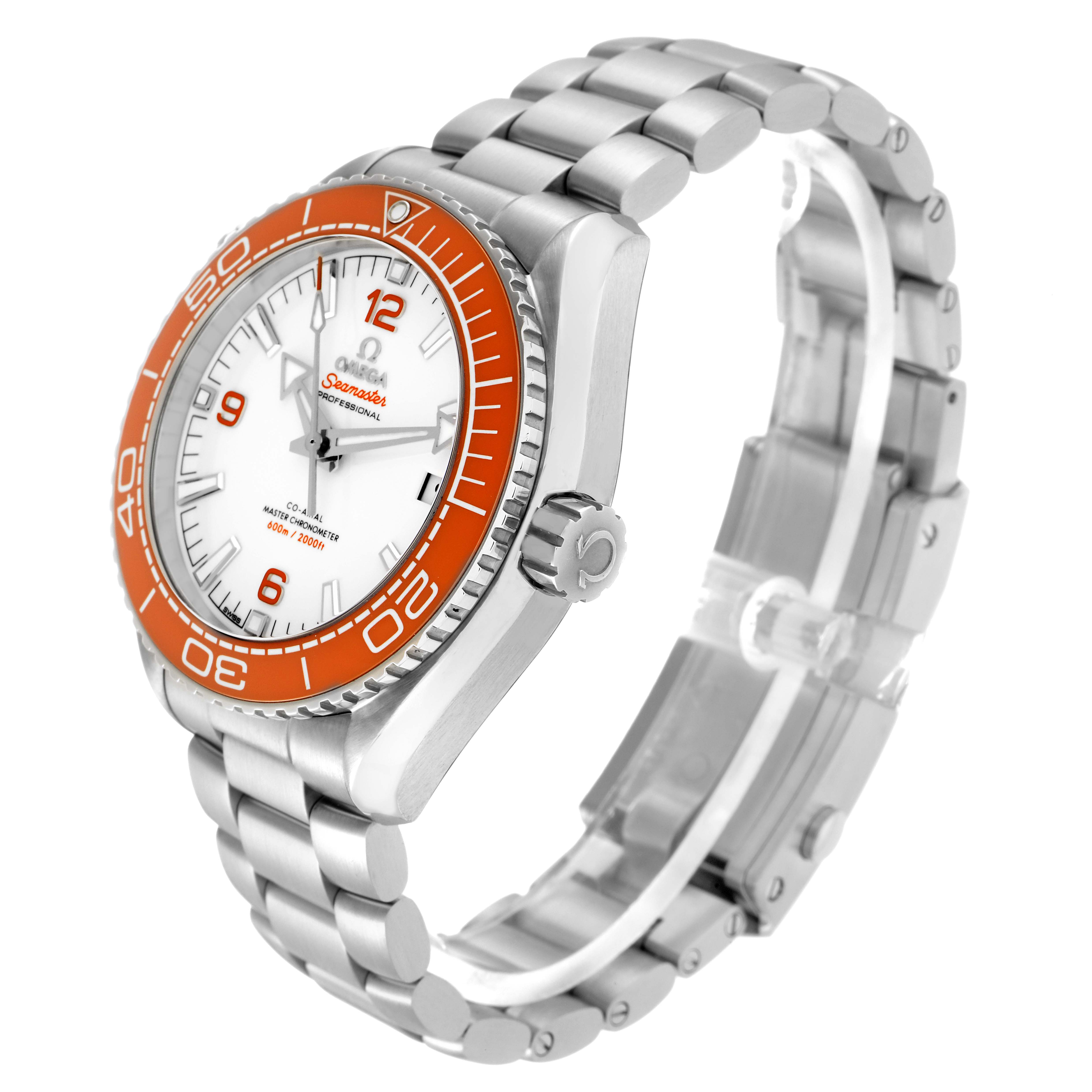 The Omega Planet Ocean model 215.30.44.21.04.001 is shown at a three-quarter angle, highlighting its orange bezel, white dial, and stainless steel bracelet.