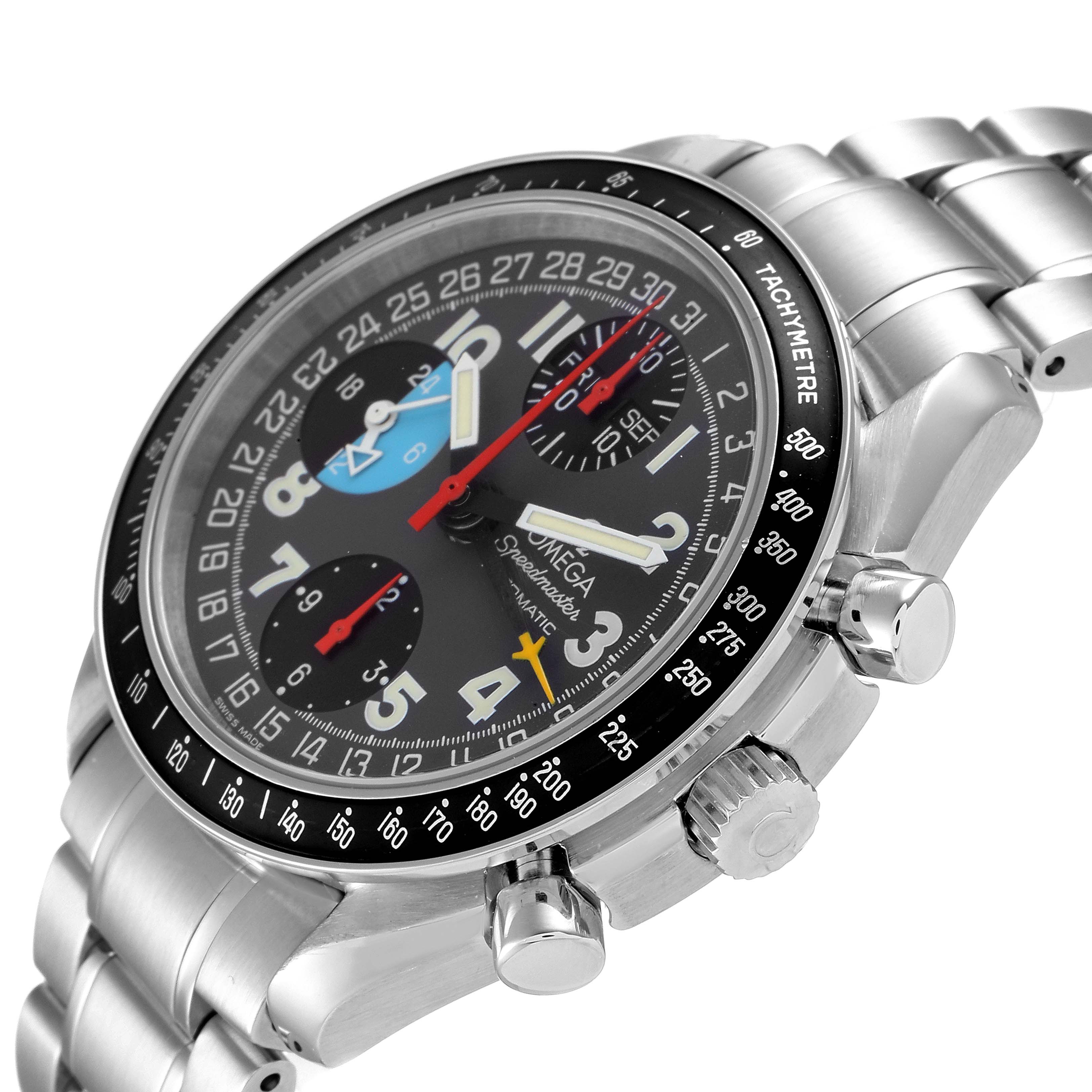 The Omega Speedmaster 3520.53.00 Men
s Stainless Steel Grey Dial 3520.53.00 Men
s Stainless Steel Grey Dial watch is shown from a slightly tilted side angle, highlighting its dial, bezel, and crown.