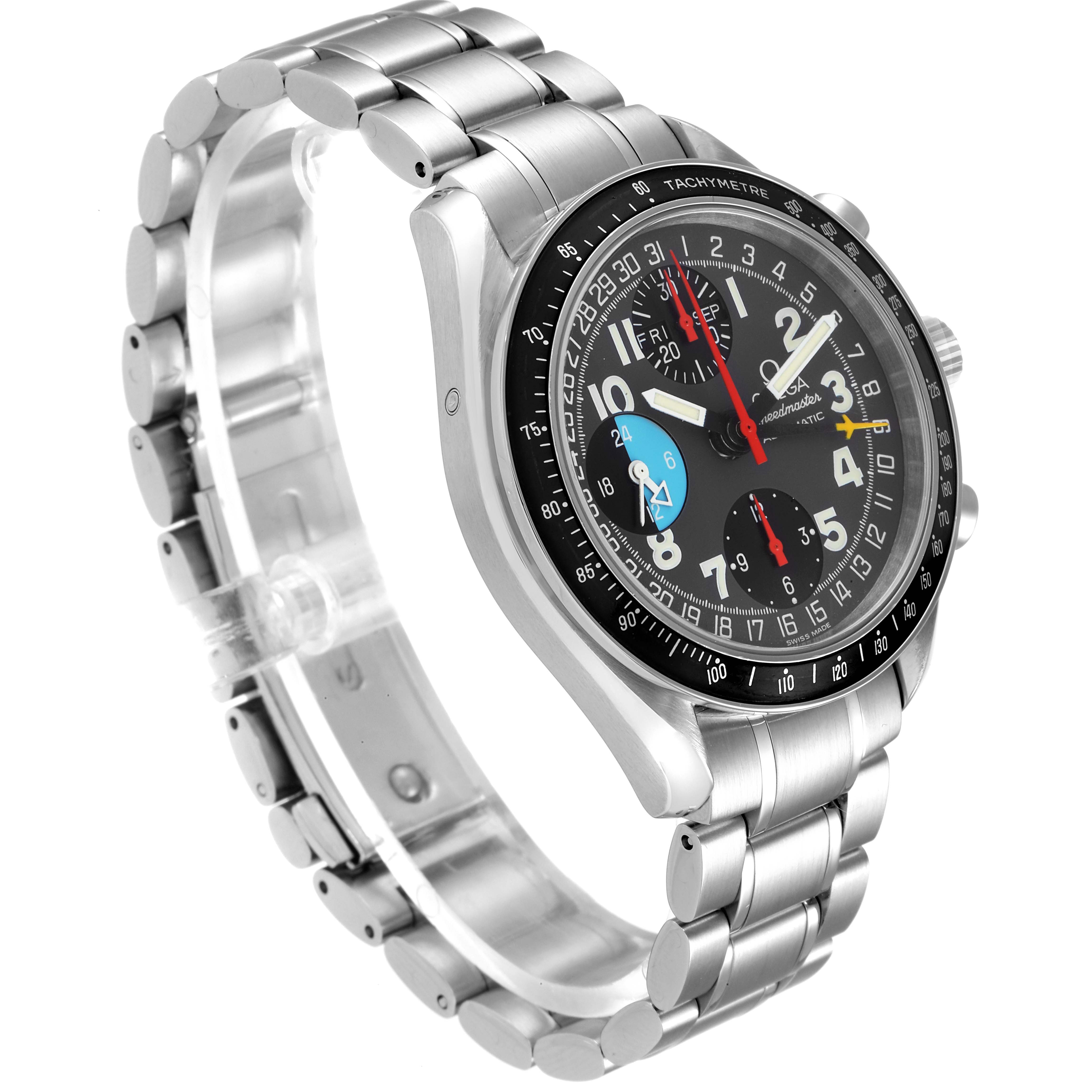 The Omega Speedmaster 3520.53.00 Men
s Stainless Steel Grey Dial 3520.53.00 Men
s Stainless Steel Grey Dial watch is shown at an angled side view, highlighting the case, dial, bezel, and stainless steel bracelet.