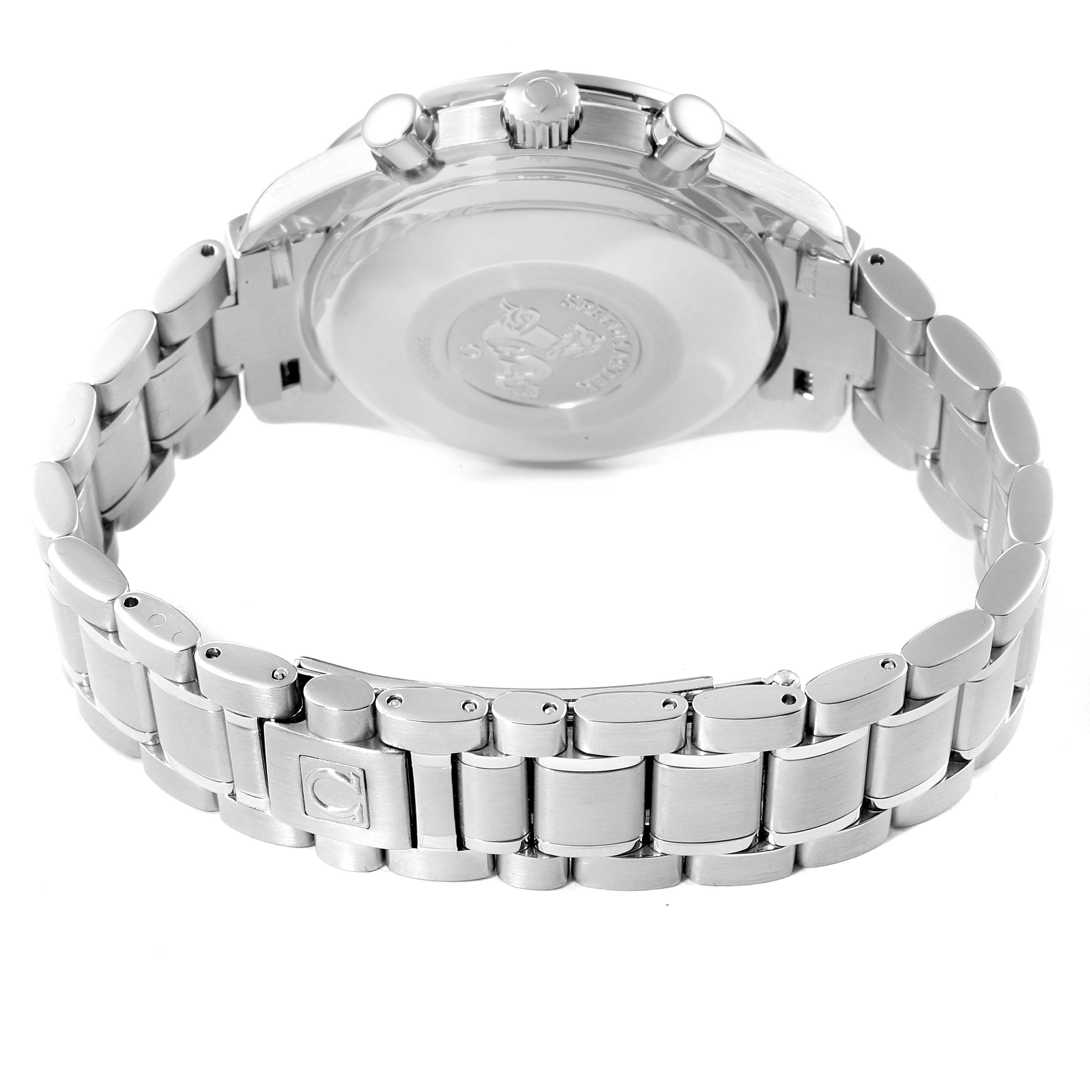 The image shows the back and bracelet parts of an Omega Speedmaster 3520.53.00 Men
s Stainless Steel Grey Dial 3520.53.00 Men
s Stainless Steel Grey Dial watch, emphasizing the clasp and rear case.