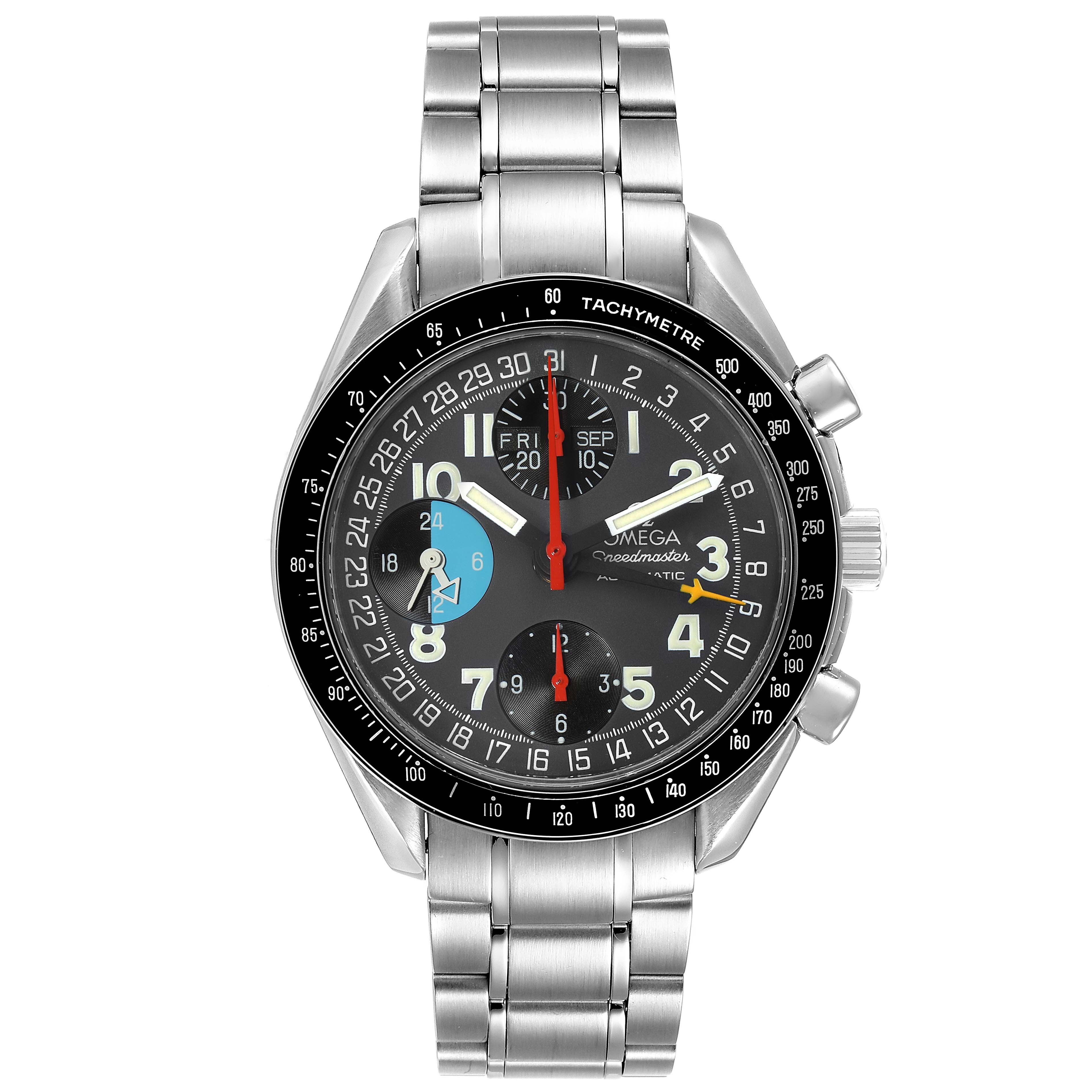 The Omega Speedmaster 3520.53.00 Men
s Stainless Steel Grey Dial 3520.53.00 Men
s Stainless Steel Grey Dial watch is shown from a top-down angle, displaying its dial, tachymeter bezel, and metal bracelet.