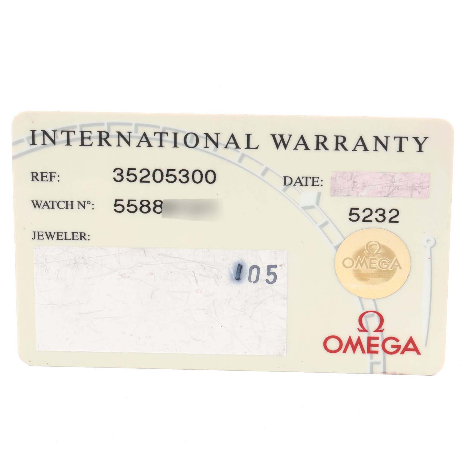 The image shows an International Warranty card for an Omega Speedmaster 3520.53.00 Men
s Stainless Steel Grey Dial 3520.53.00 Men
s Stainless Steel Grey Dial watch.