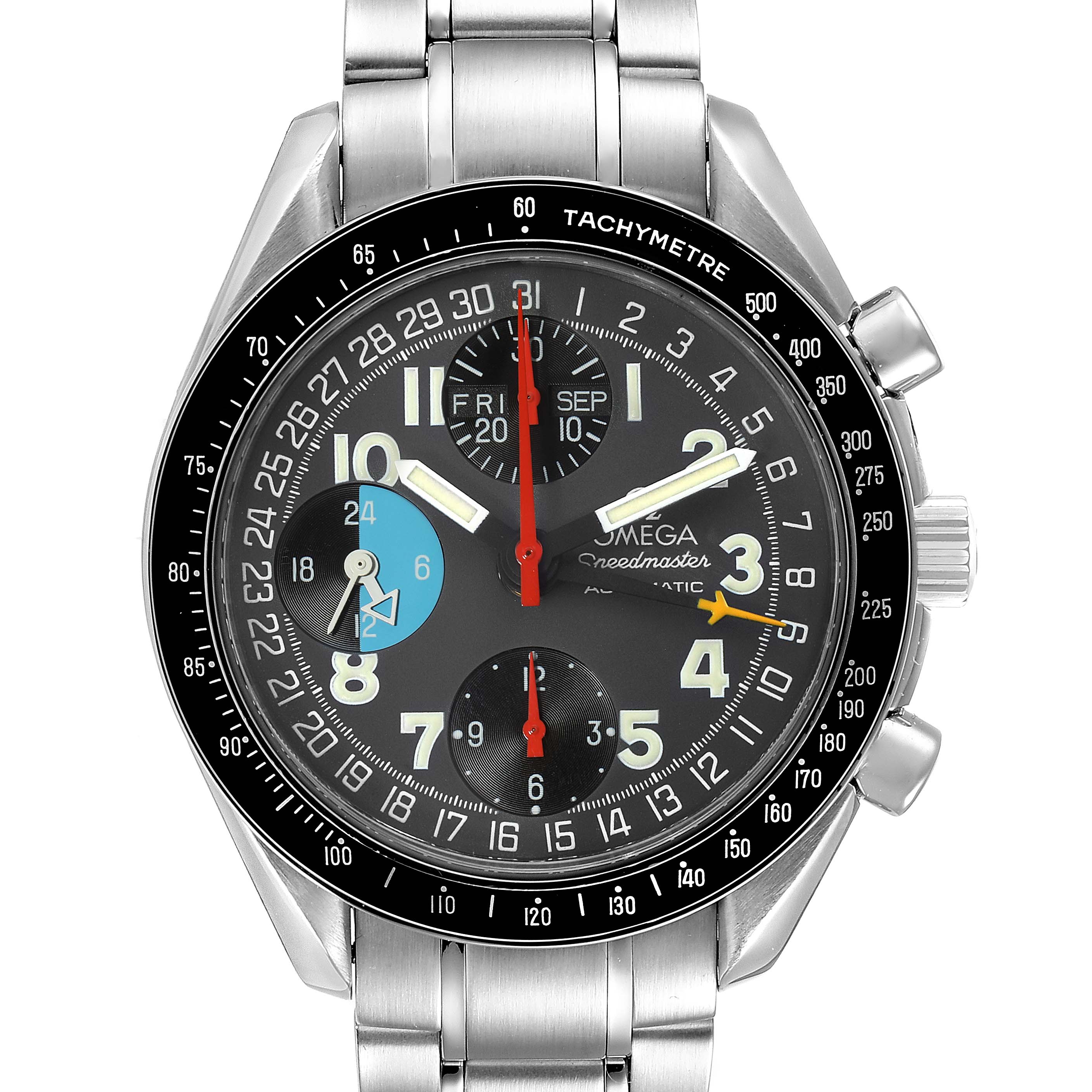 The image shows a front view of an Omega Speedmaster 3520.53.00 Men
s Stainless Steel Grey Dial 3520.53.00 Men
s Stainless Steel Grey Dial watch, highlighting the dial, subdials, tachymeter, and stainless steel bracelet.