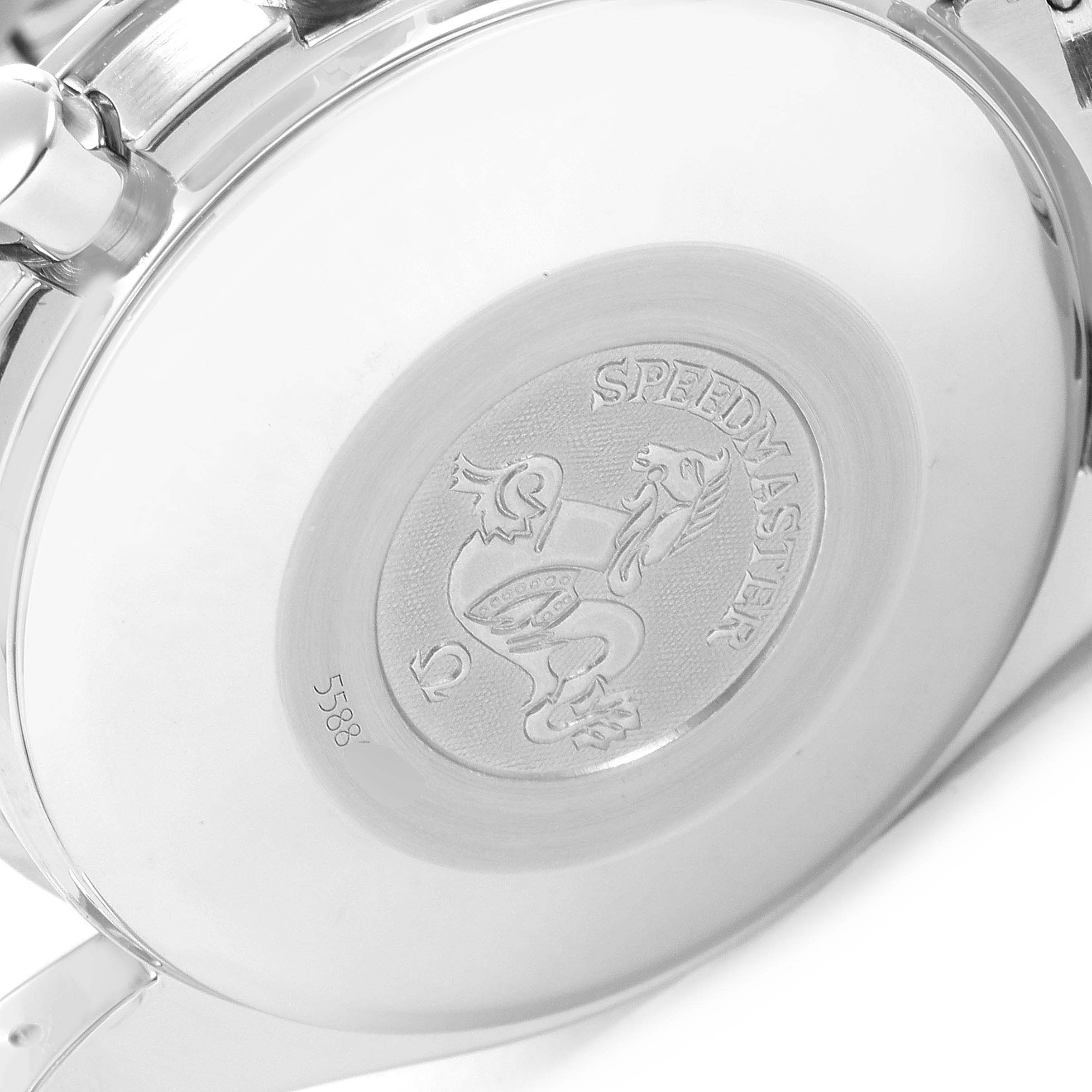 The image shows the case back of an Omega Speedmaster 3520.53.00 Men
s Stainless Steel Grey Dial 3520.53.00 Men
s Stainless Steel Grey Dial watch, displaying the emblem and model name.