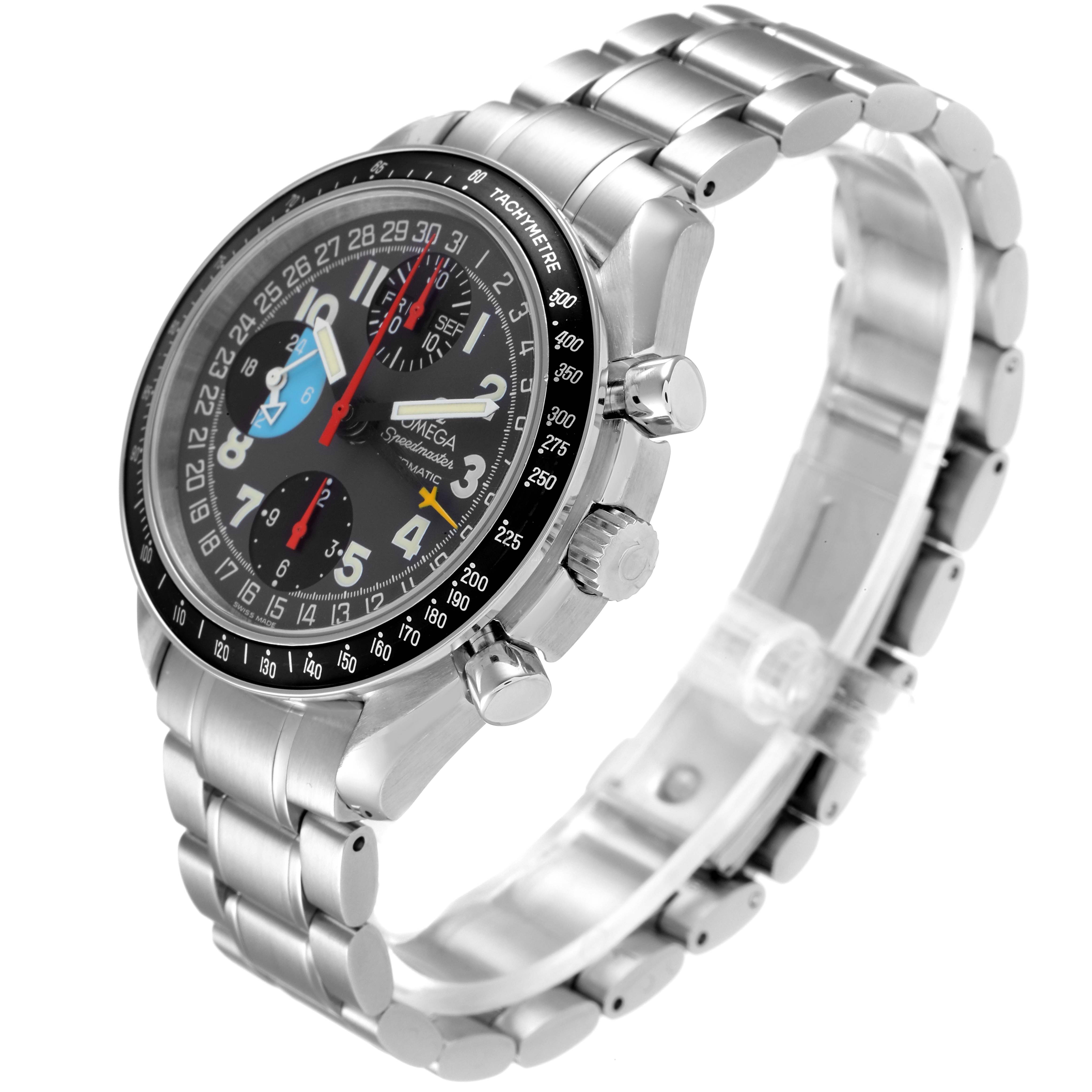 This image shows an angled view of an Omega Speedmaster 3520.53.00 Men
s Stainless Steel Grey Dial 3520.53.00 Men
s Stainless Steel Grey Dial watch, highlighting the face, tachymeter, and stainless steel bracelet.