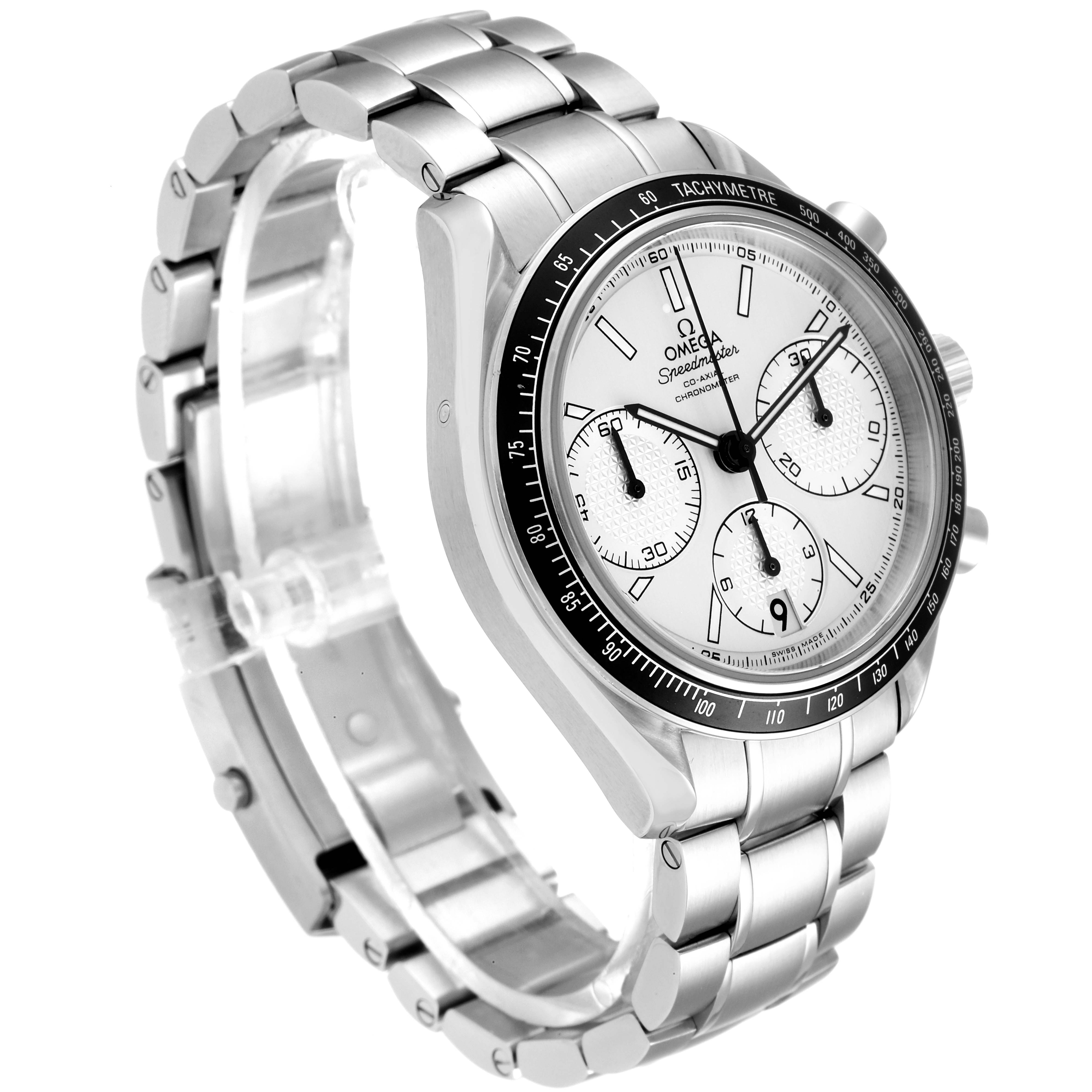 The image shows an Omega Speedmaster 326.30.40.50.02.001 Men
s Stainless Steel Silver Dial 326.30.40.50.02.001 Men
s Stainless Steel Silver Dial watch at a three-quarter angle, highlighting the face, bezel, pushers, and bracelet.
