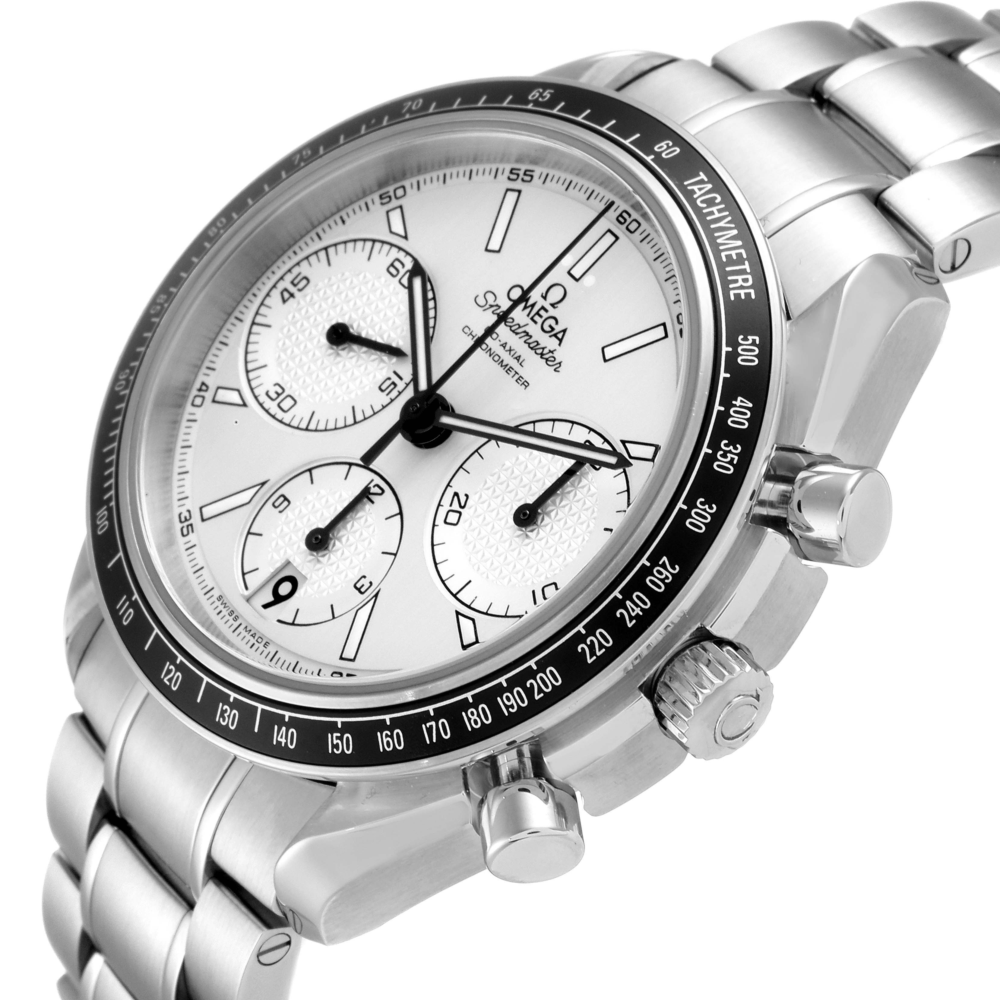 The image shows an angled close-up of an Omega Speedmaster 326.30.40.50.02.001 Men
s Stainless Steel Silver Dial 326.30.40.50.02.001 Men
s Stainless Steel Silver Dial watch, highlighting the face, bezel, and part of the bracelet.