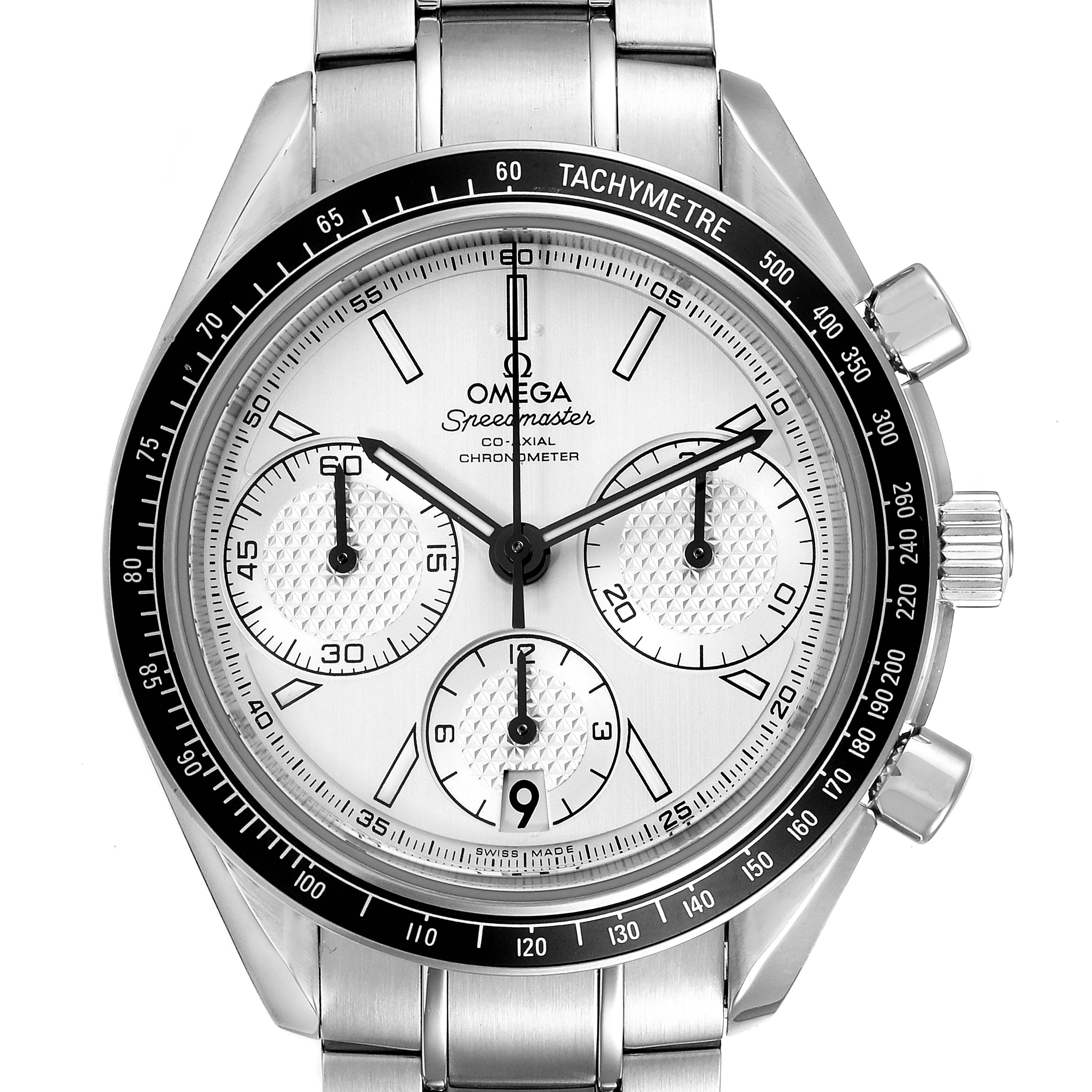 The Omega Speedmaster 326.30.40.50.02.001 Men
s Stainless Steel Silver Dial 326.30.40.50.02.001 Men
s Stainless Steel Silver Dial watch is shown from a top-down angle, displaying the dial, subdials, bezel, and part of the metal bracelet.