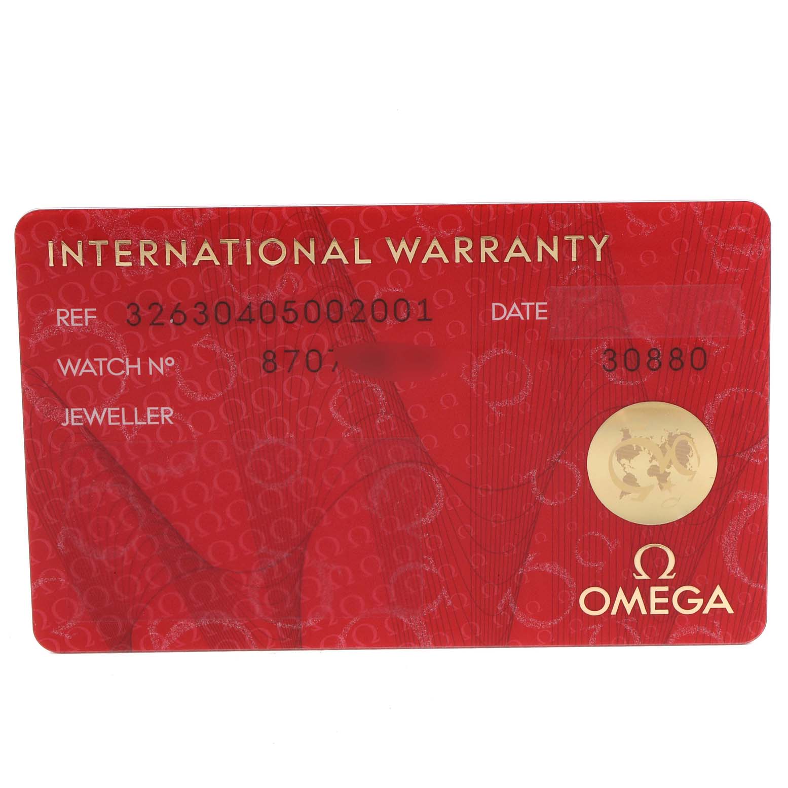 The image shows the international warranty card for the Omega Speedmaster 326.30.40.50.02.001 Men
s Stainless Steel Silver Dial 326.30.40.50.02.001 Men
s Stainless Steel Silver Dial watch model.
