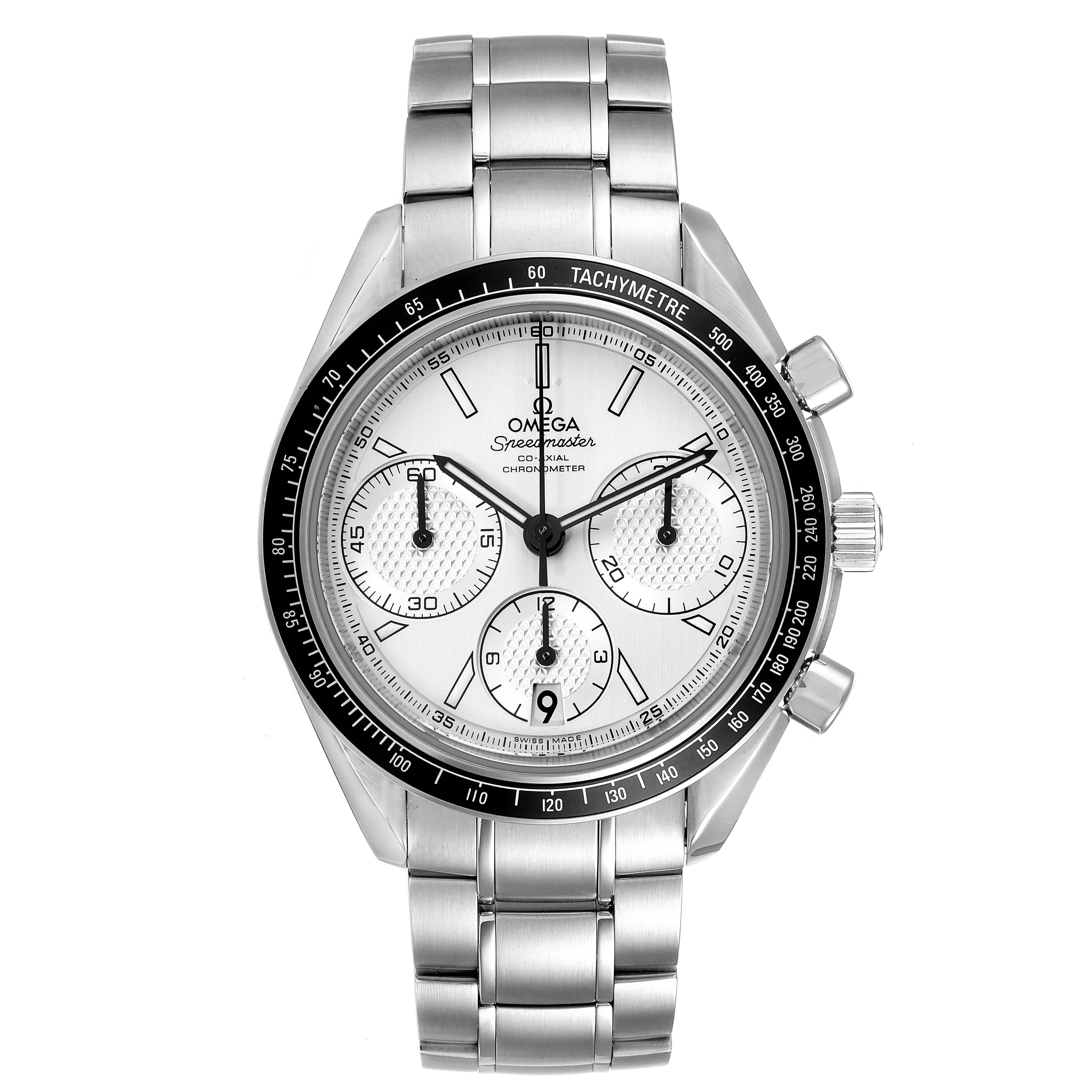 This image shows a front view of the Omega Speedmaster 326.30.40.50.02.001 Men
s Stainless Steel Silver Dial 326.30.40.50.02.001 Men
s Stainless Steel Silver Dial watch, displaying the face, three subdials, bezel, and bracelet.