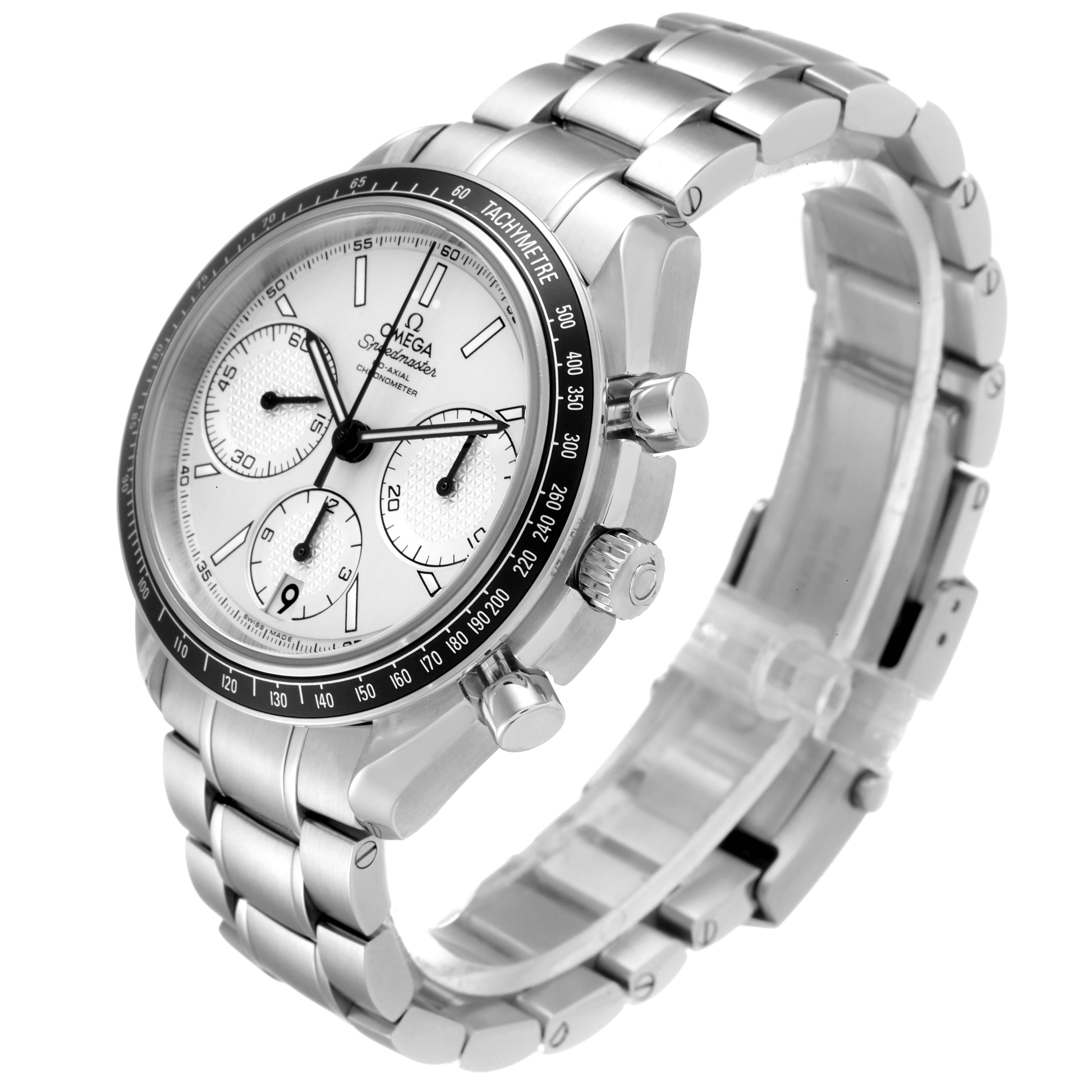 The Omega Speedmaster 326.30.40.50.02.001 Men
s Stainless Steel Silver Dial 326.30.40.50.02.001 Men
s Stainless Steel Silver Dial watch is shown at a slight angle, highlighting its face, bezel, bracelet, and side pushers.