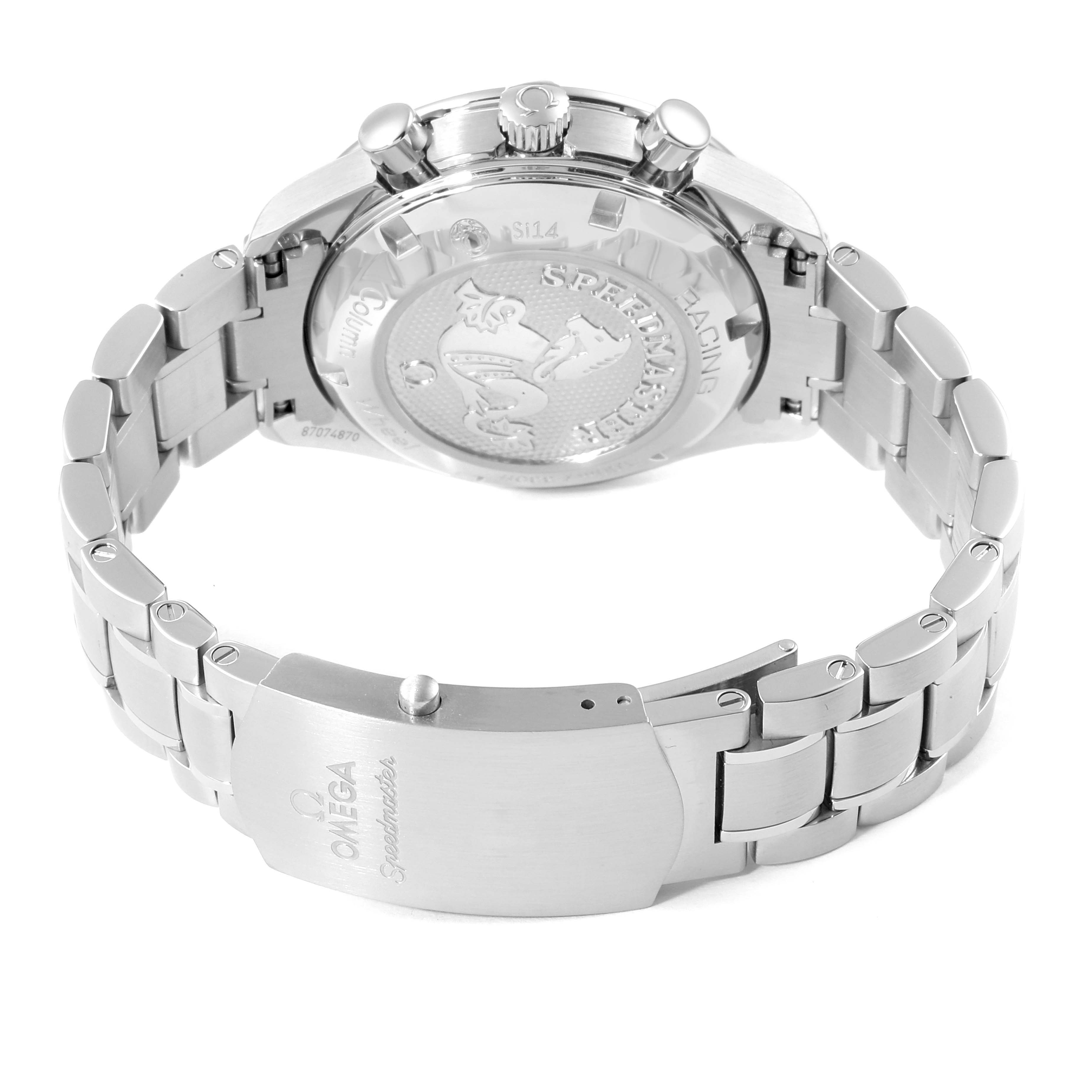 The image shows the back view and bracelet of the Omega Speedmaster 326.30.40.50.02.001 Men
s Stainless Steel Silver Dial 326.30.40.50.02.001 Men
s Stainless Steel Silver Dial watch, including the clasp and case back engravings.