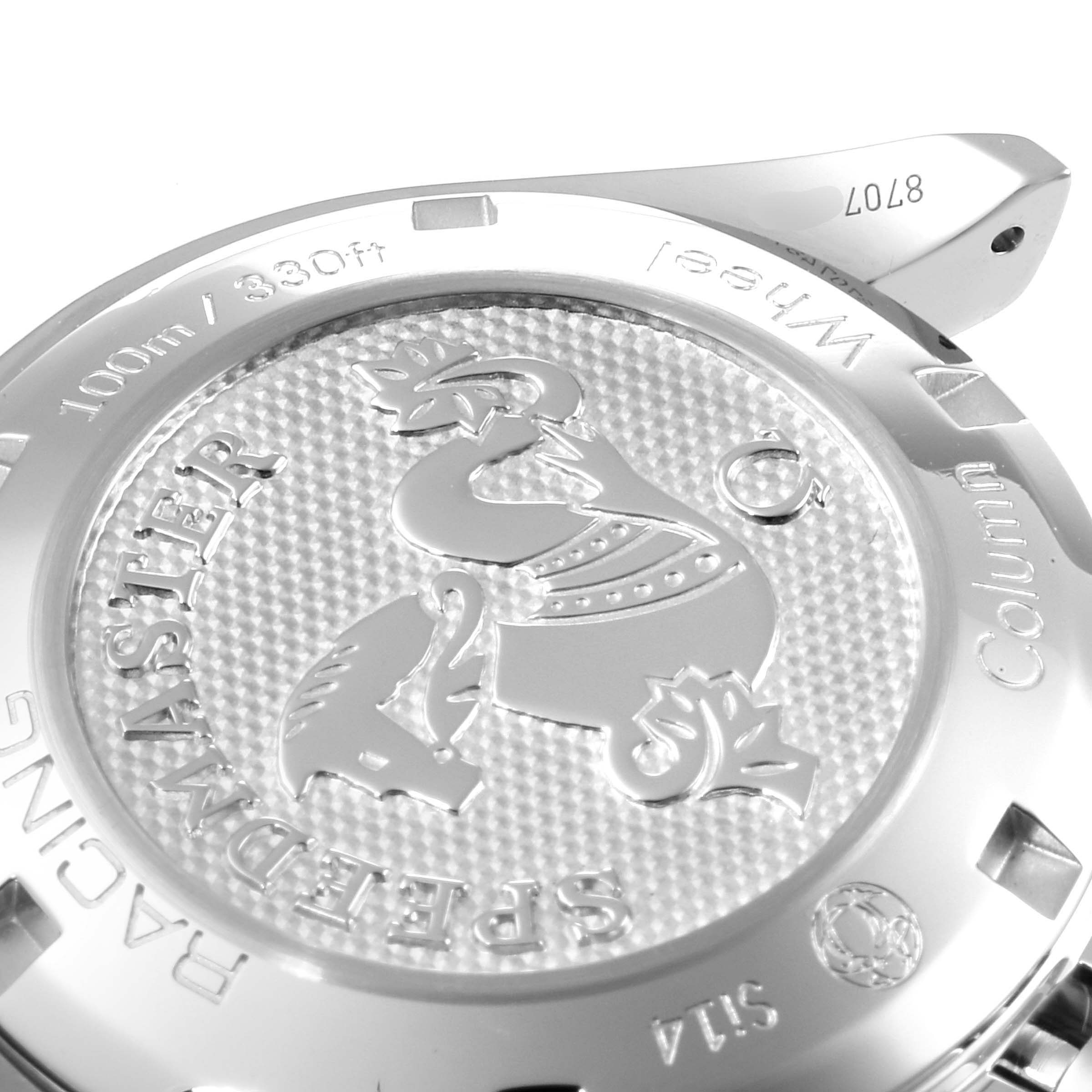 The image shows the back case of an Omega Speedmaster 326.30.40.50.02.001 Men
s Stainless Steel Silver Dial 326.30.40.50.02.001 Men
s Stainless Steel Silver Dial watch, highlighting the embossed design and engravings.