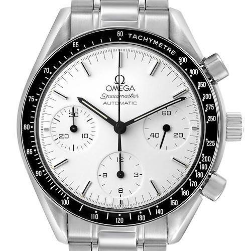 The Omega Speedmaster 3510.20.00 Men's Stainless Steel White Dial watch is shown from the front, displaying its face, bezel, and stainless steel bracelet.