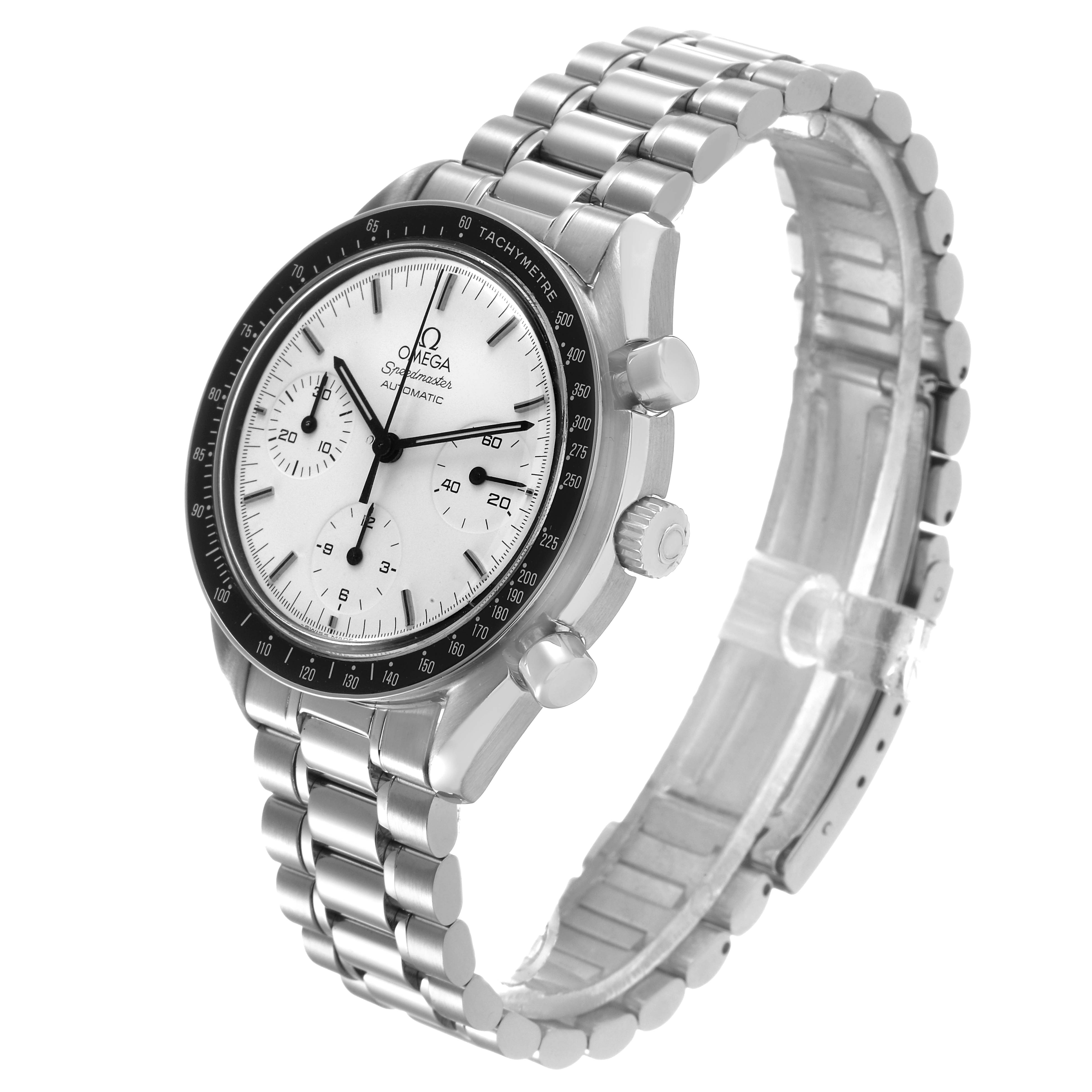 The Omega Speedmaster 3510.20.00 Men's Stainless Steel White Dial watch is shown at a three-quarter angle displaying the face, bezel, and stainless steel bracelet.