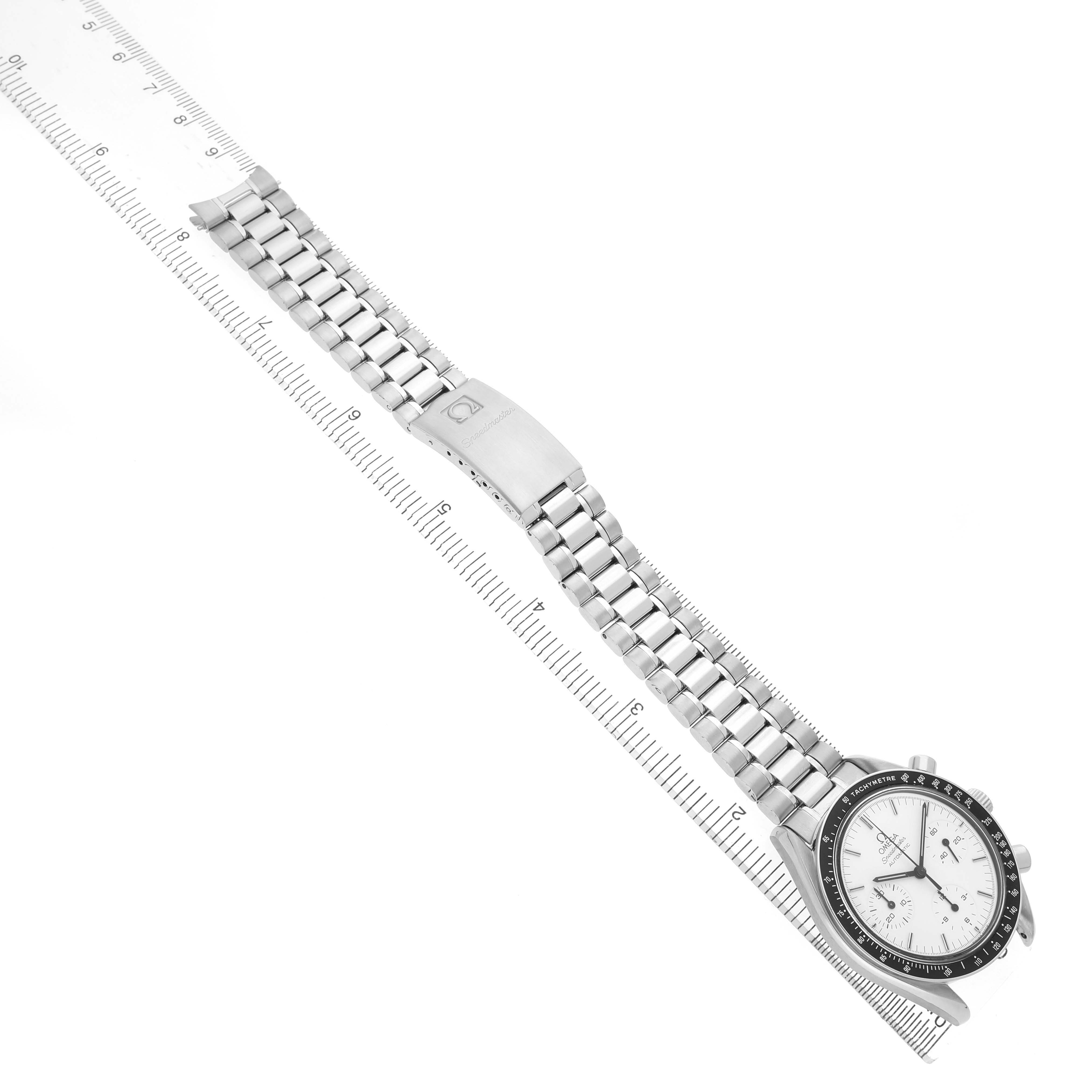 The Omega Speedmaster 3510.20.00 Men's Stainless Steel White Dial watch is shown from a top-down angle, highlighting the dial, bezel, bracelet, and clasp.