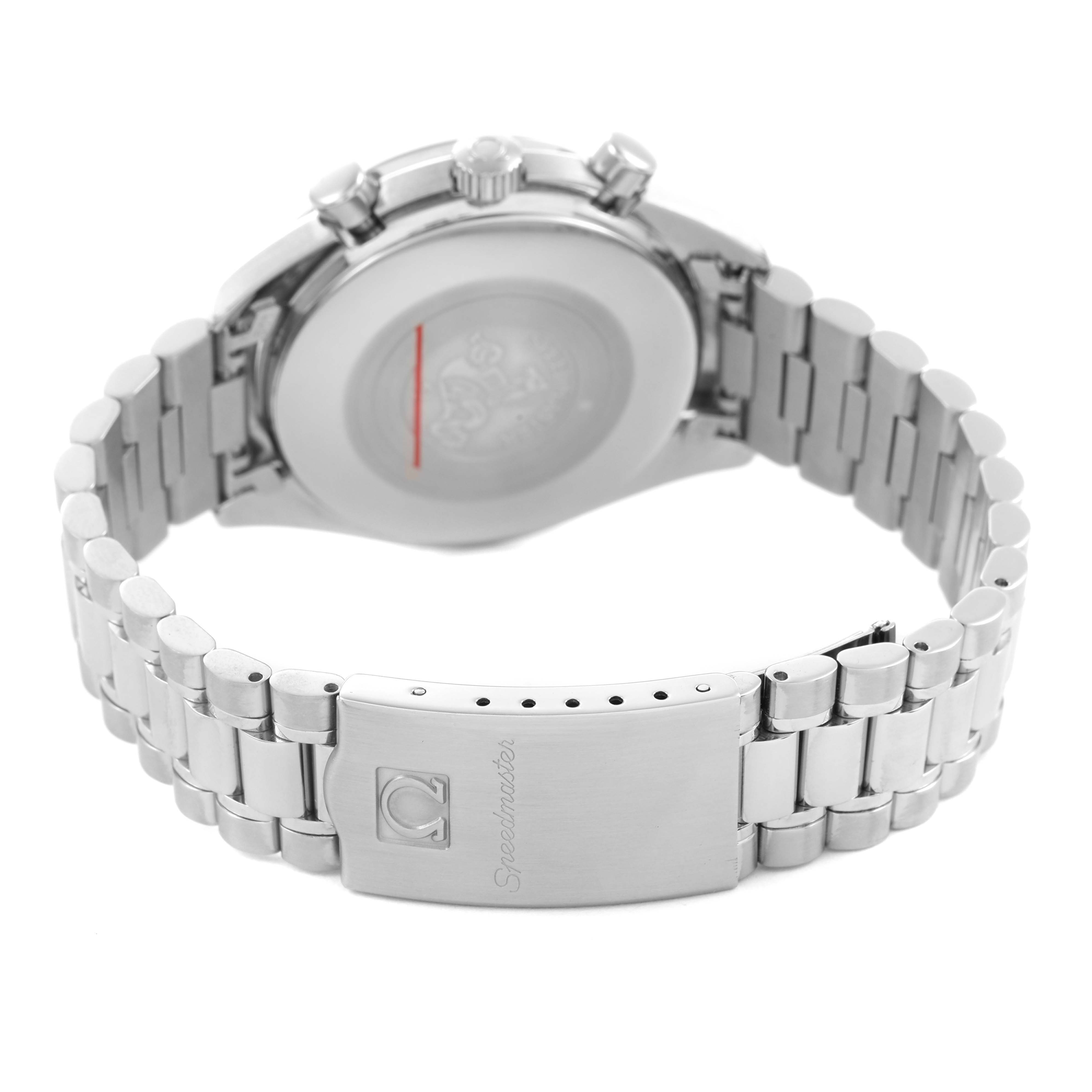 The image shows the back of the Omega Speedmaster 3510.20.00 Men's Stainless Steel White Dial watch, focusing on the case back and bracelet with clasp detailing.