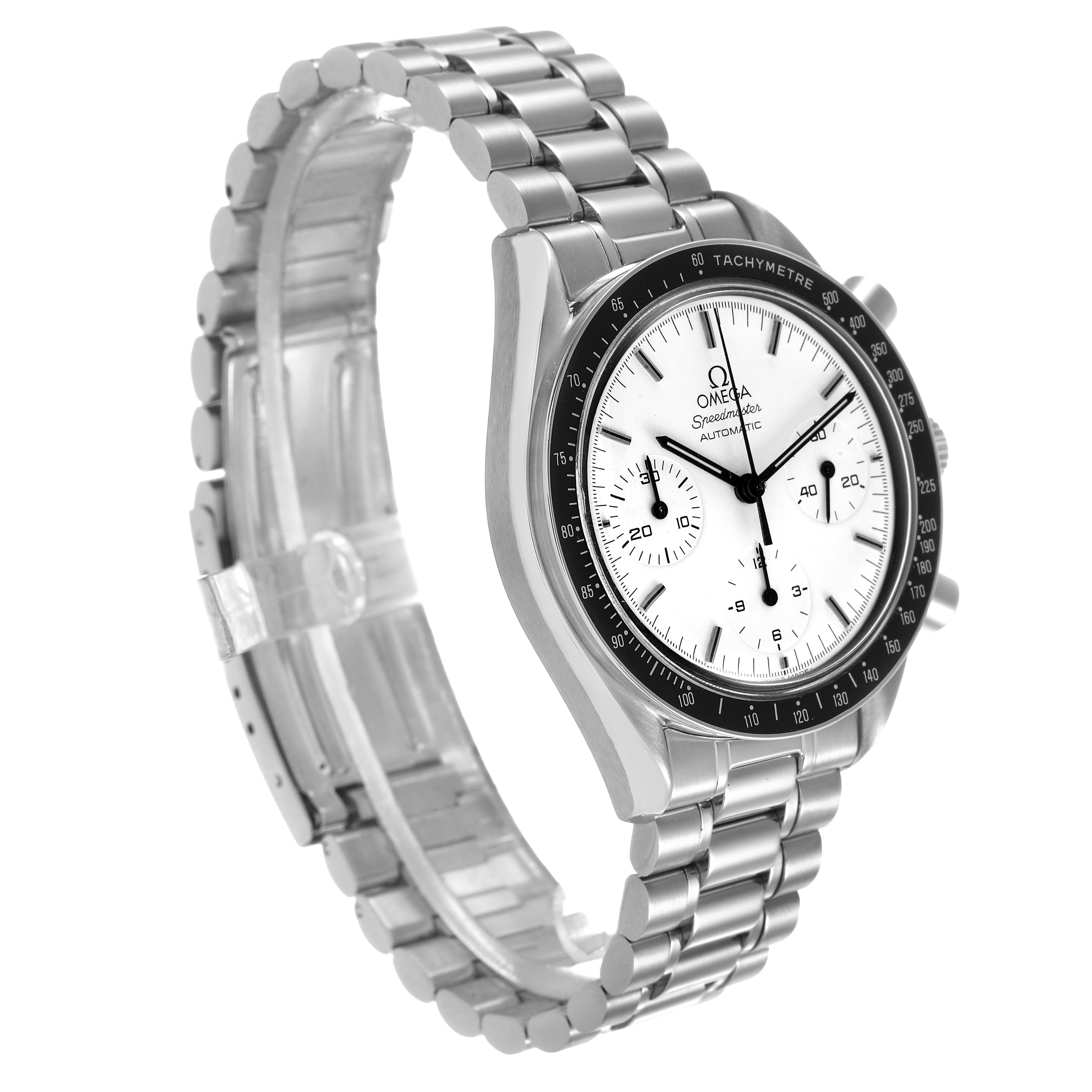 The Omega Speedmaster 3510.20.00 Men's Stainless Steel White Dial is shown from a front-side angle, displaying the dial, bezel, and bracelet.