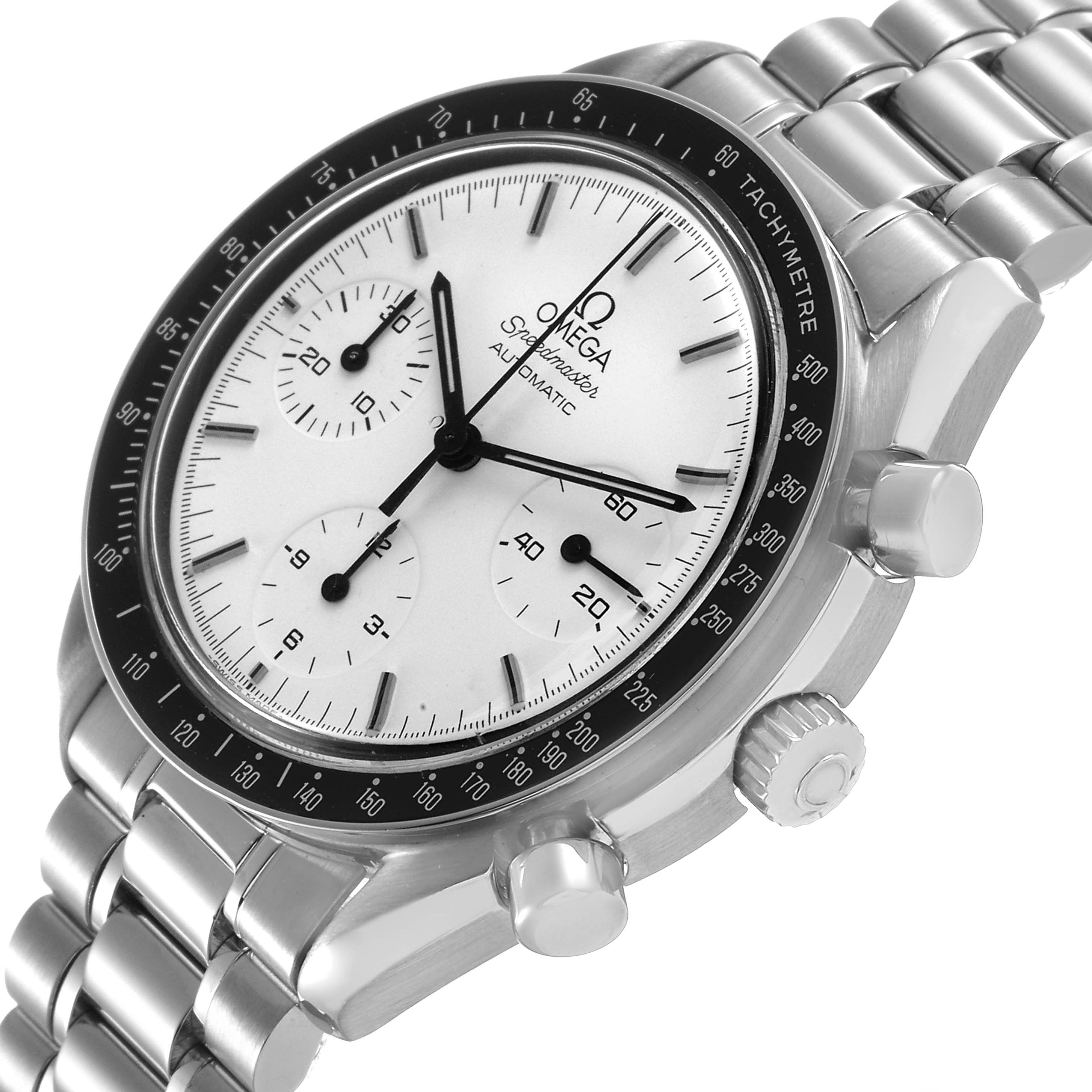 The Omega Speedmaster 3510.20.00 Men's Stainless Steel White Dial watch is shown at a three-quarter angle, highlighting the dial, tachymeter bezel, pushers, and bracelet.