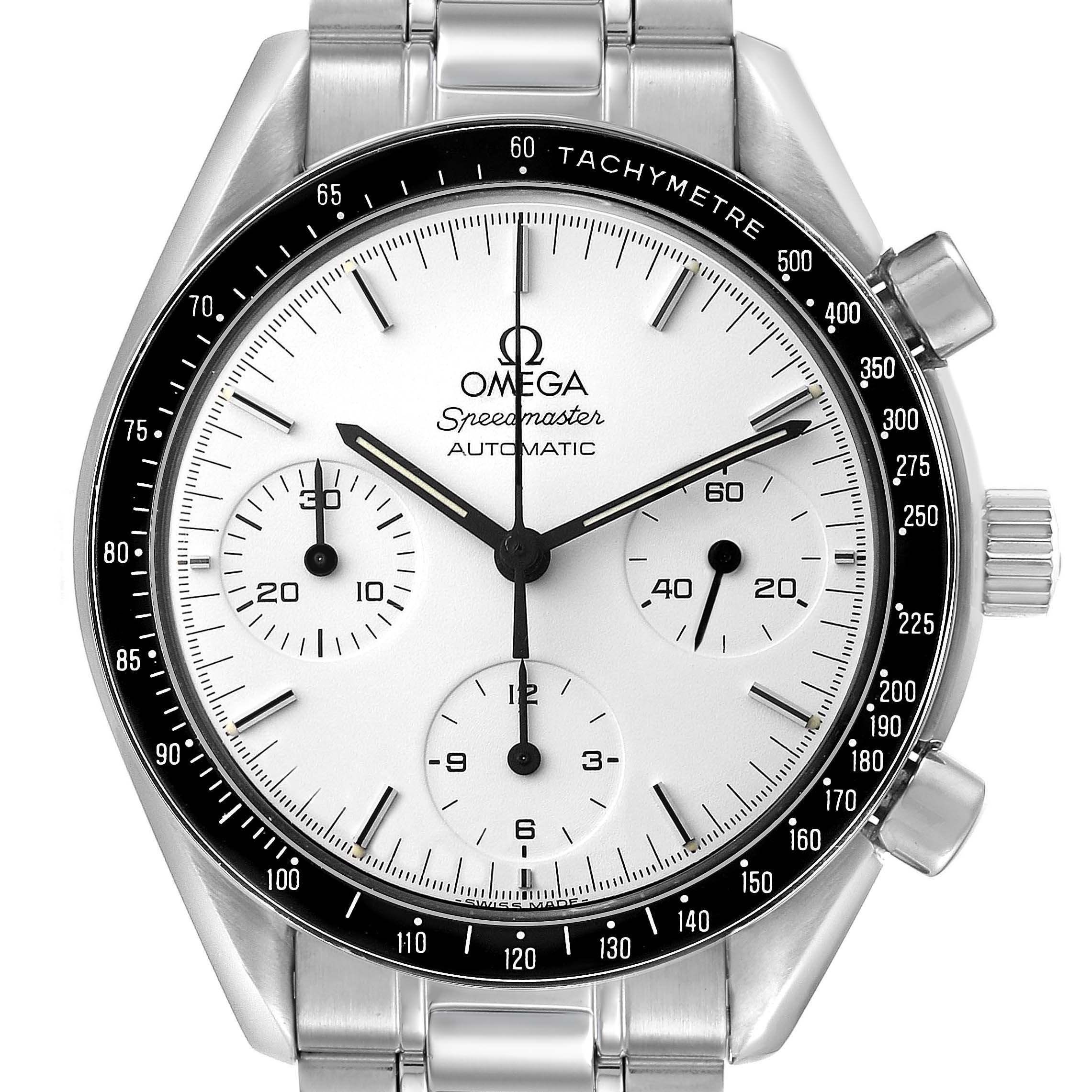 The image shows a frontal view of the Omega Speedmaster 3510.20.00 Men's Stainless Steel White Dial, highlighting the dial, bezel, and bracelet.
