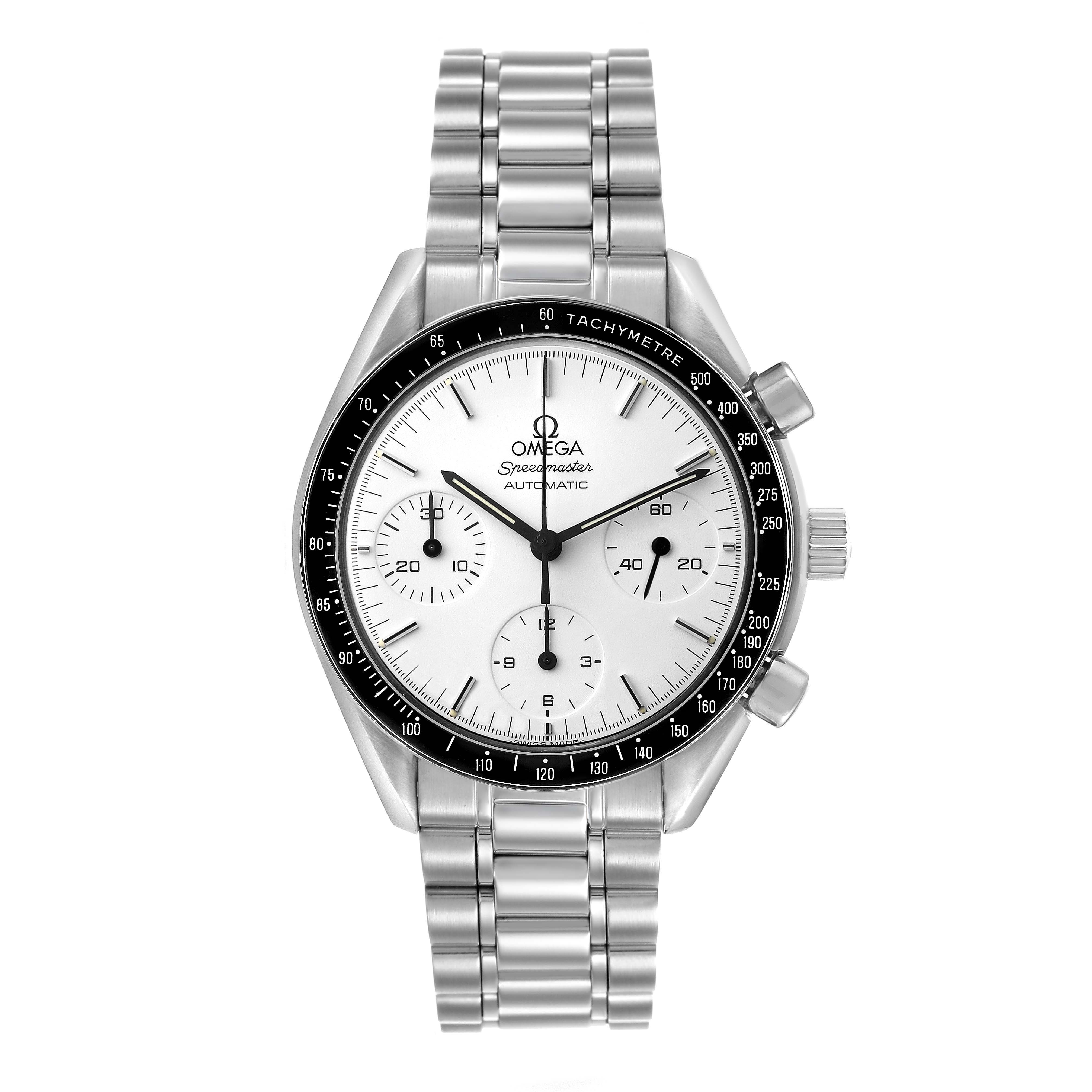 The Omega Speedmaster 3510.20.00 Men's Stainless Steel White Dial is shown from a front angle, displaying the dial, bezel, subdials, crown, and pushers.