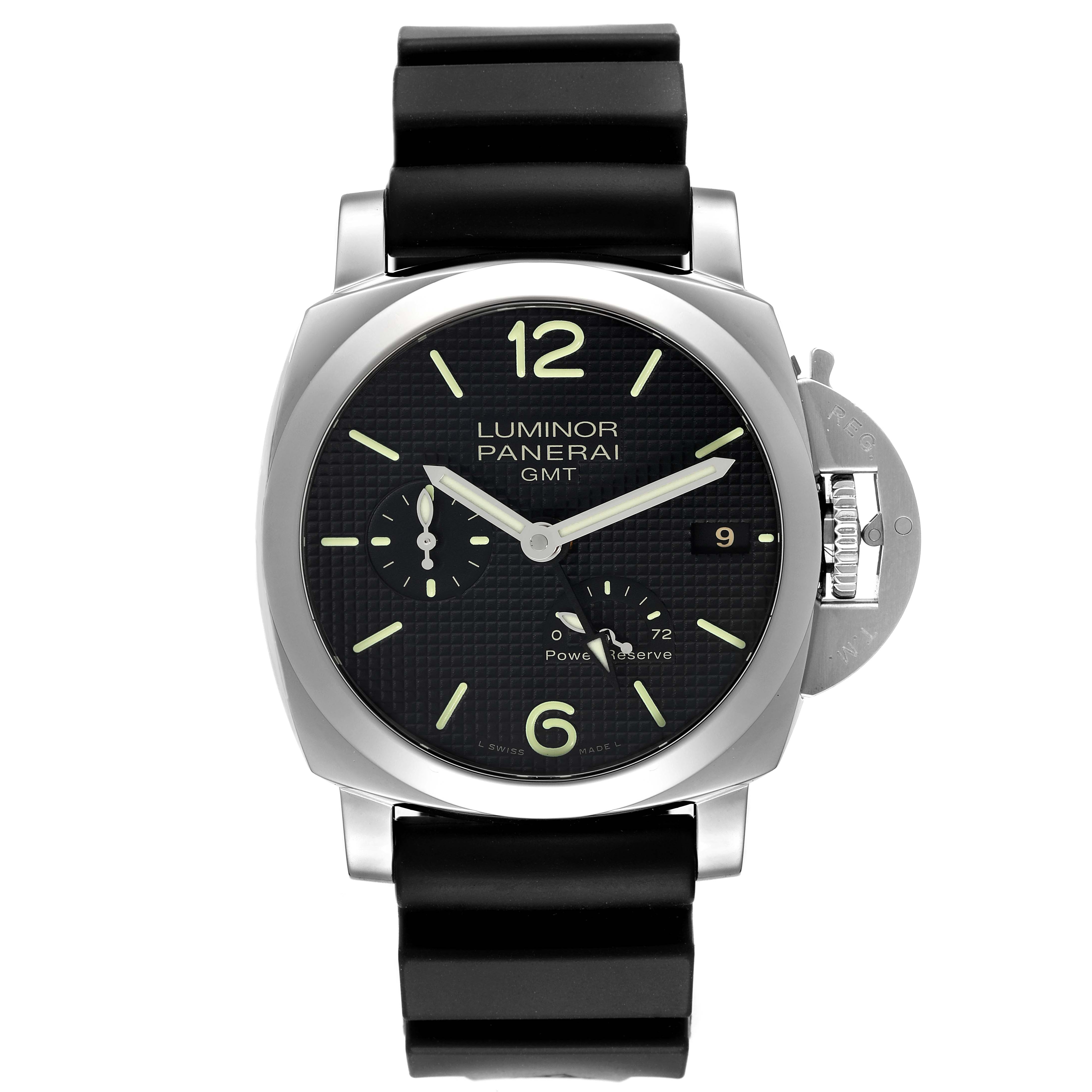 The Panerai Luminor PAM00537 Men's Stainless Steel Black Dial PAM00537 Men's Stainless Steel Black Dial watch is shown from the front, displaying its face, strap, and crown guard.
