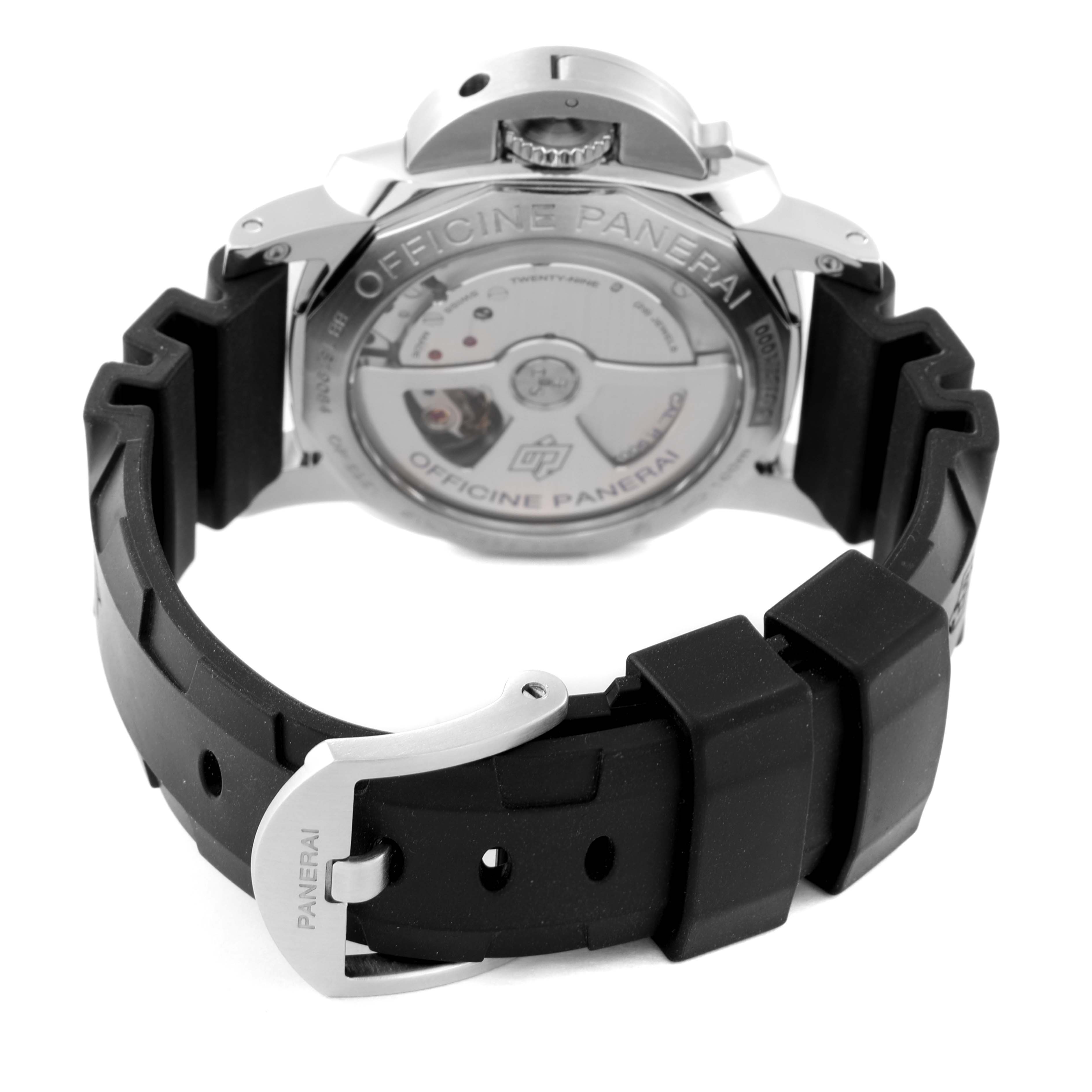 The image shows the back view of a Panerai Luminor PAM00537 Men's Stainless Steel Black Dial PAM00537 Men's Stainless Steel Black Dial watch, highlighting its case back and black rubber strap with the buckle.