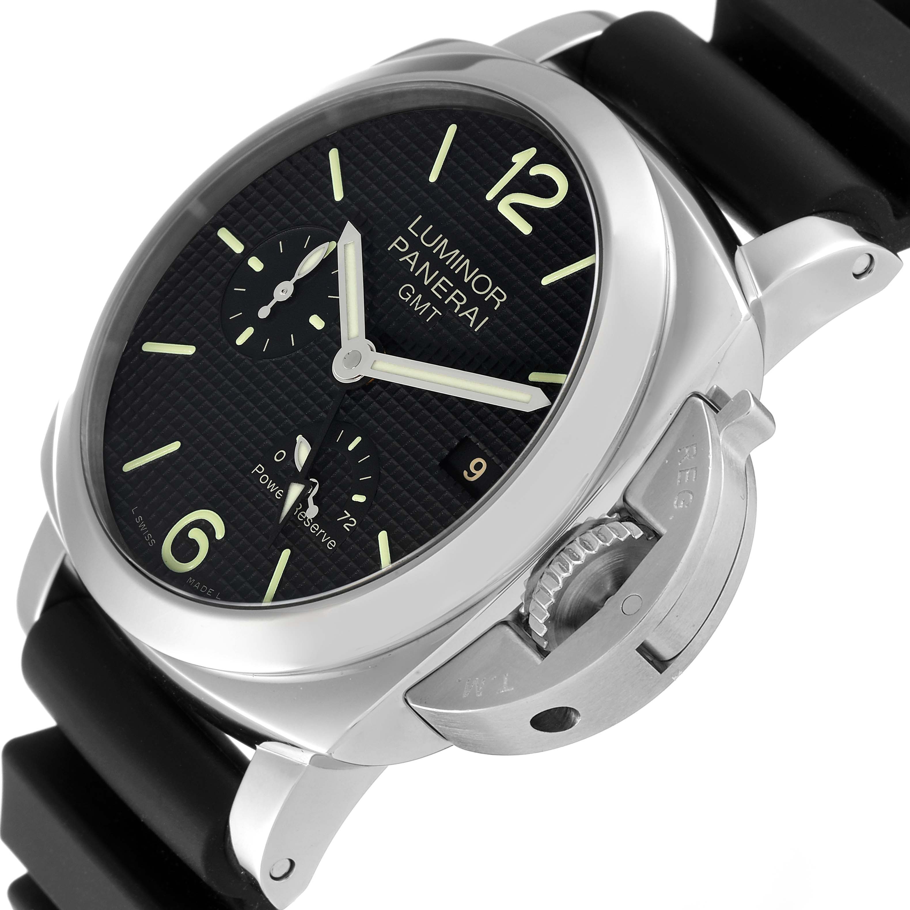 This image shows a Panerai Luminor PAM00537 Men's Stainless Steel Black Dial PAM00537 Men's Stainless Steel Black Dial watch at an angled view, highlighting the face, crown guard, and part of the strap.