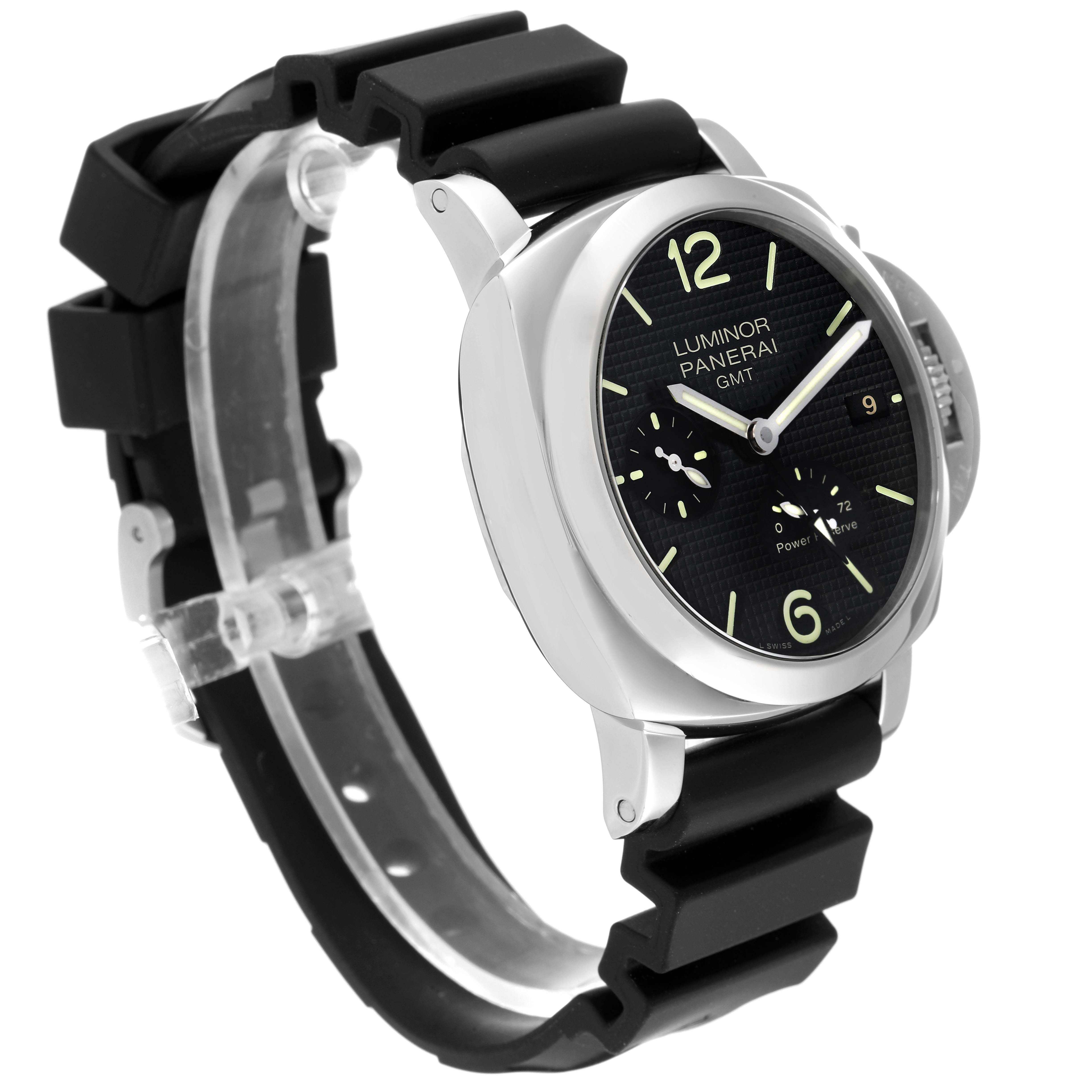 The Panerai Luminor PAM00537 Men's Stainless Steel Black Dial PAM00537 Men's Stainless Steel Black Dial watch is shown at an angle highlighting its face, bezel, crown guard, and rubber strap.