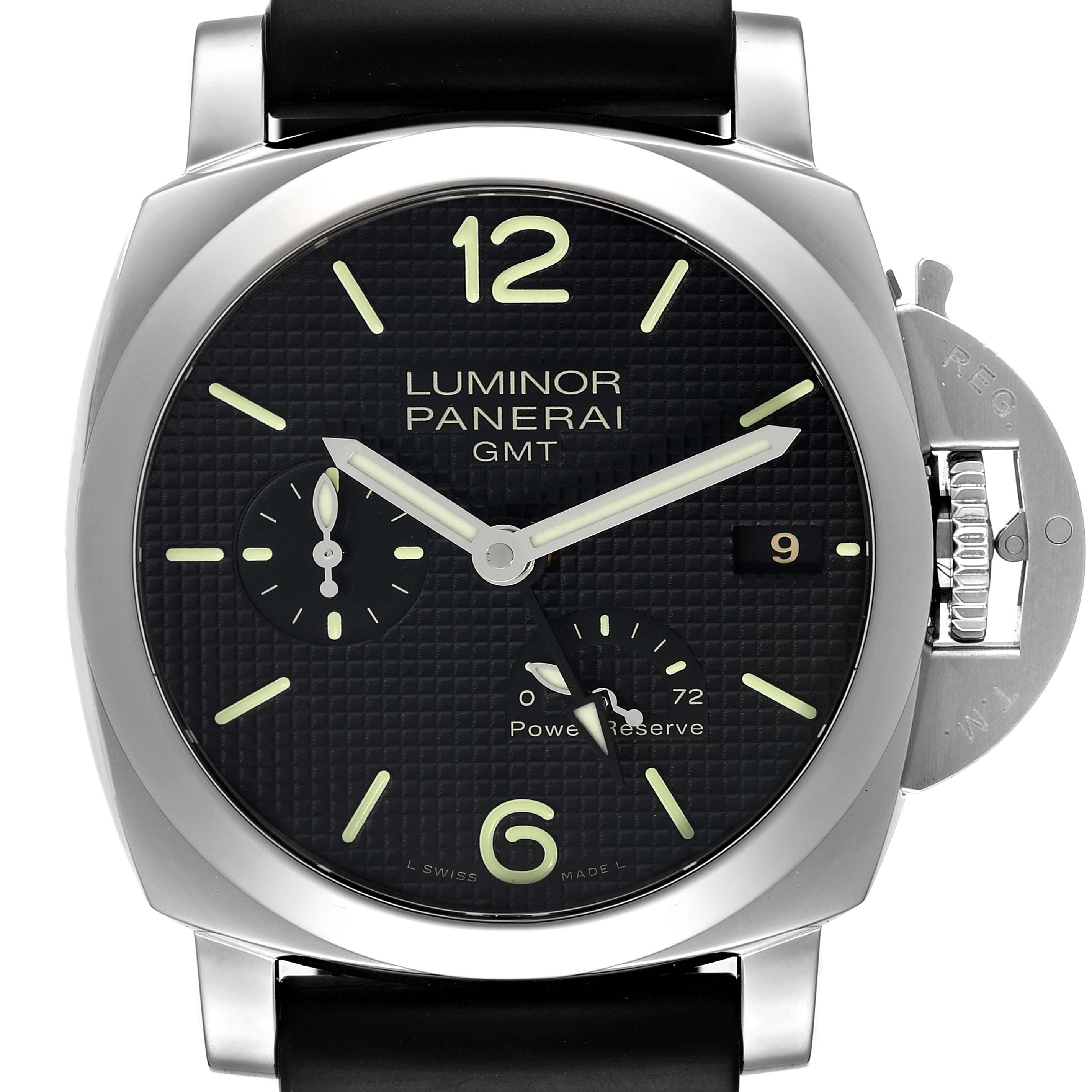 This image shows a frontal view of the Panerai Luminor PAM00537 Men's Stainless Steel Black Dial PAM00537 Men's Stainless Steel Black Dial GMT watch, highlighting its dial, hands, and crown guard.