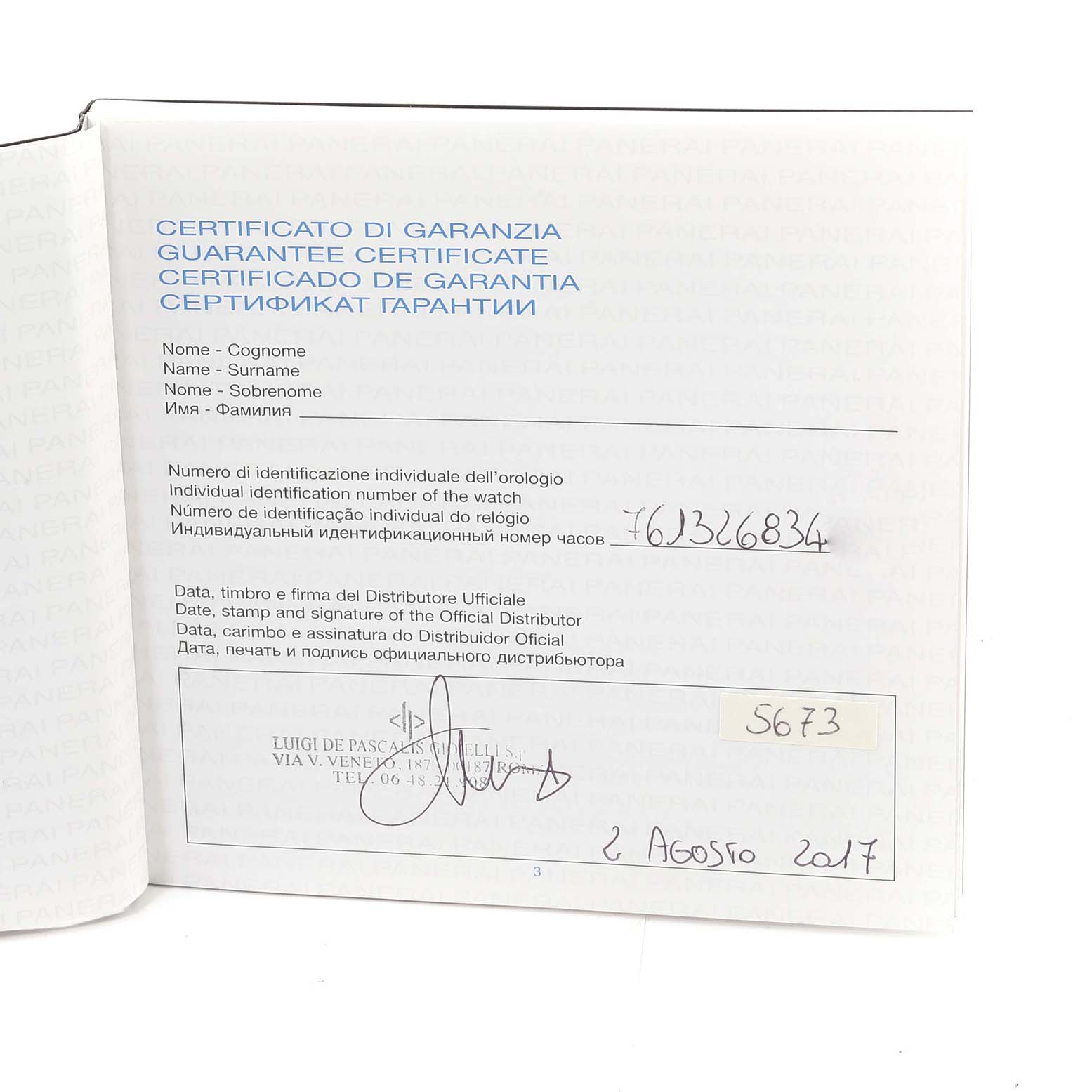 The image shows a close-up of the guarantee certificate for a Panerai Luminor PAM00537 Men's Stainless Steel Black Dial PAM00537 Men's Stainless Steel Black Dial watch.