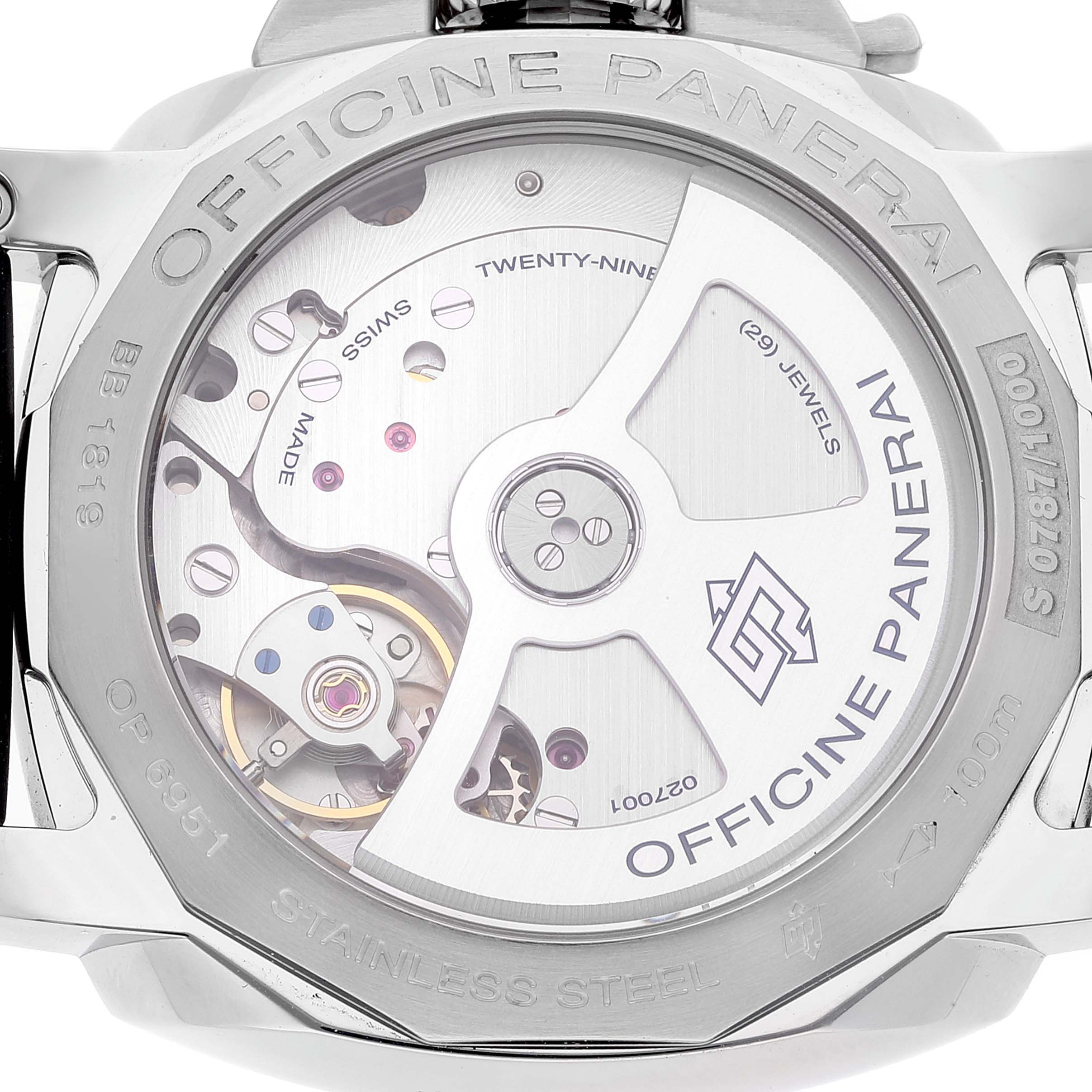 This image shows the back view of a Panerai Luminor PAM00537 Men's Stainless Steel Black Dial PAM00537 Men's Stainless Steel Black Dial model watch, highlighting its internal movement components.