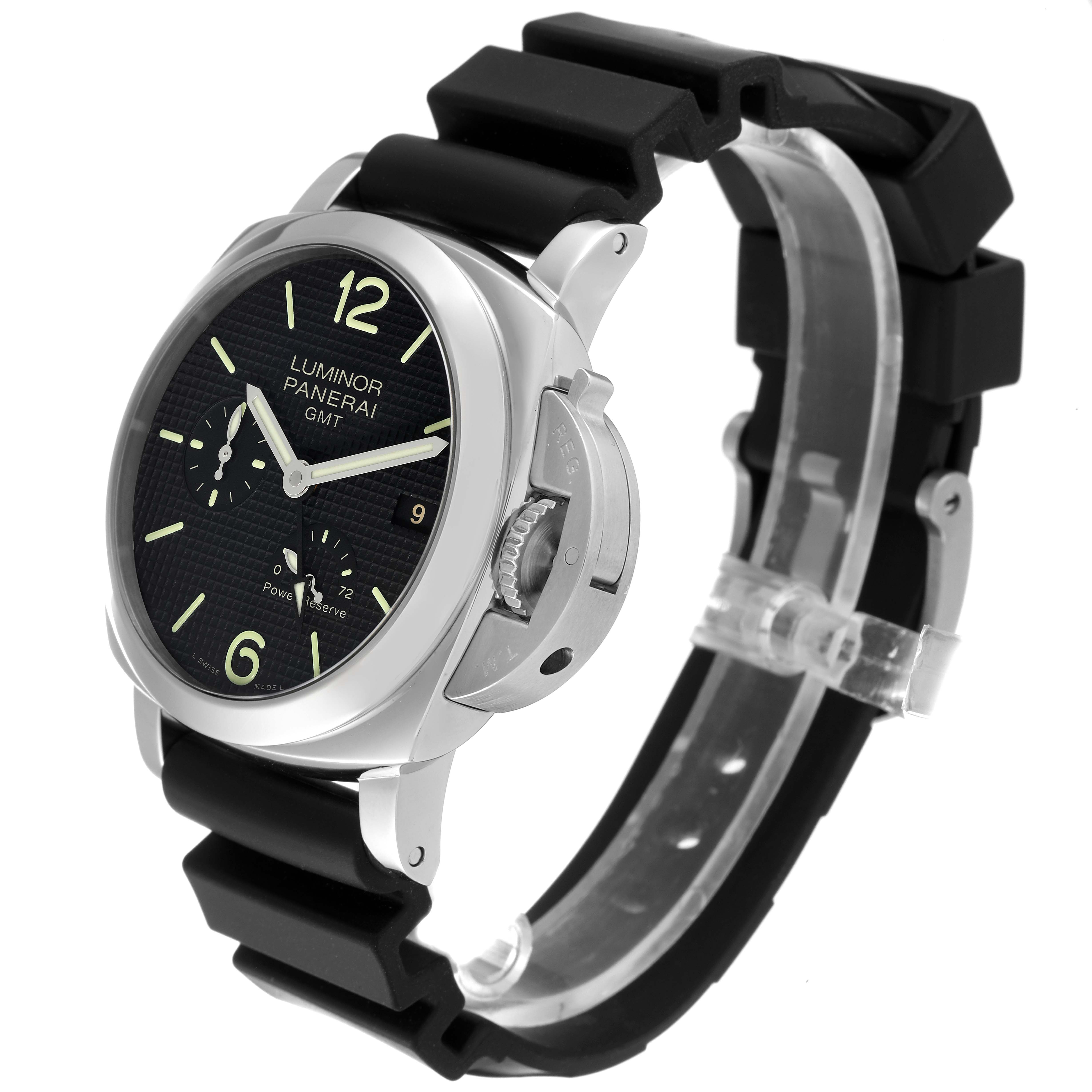 The image shows a side angle of a Panerai Luminor PAM00537 Men's Stainless Steel Black Dial PAM00537 Men's Stainless Steel Black Dial watch, highlighting its dial, crown guard, and rubber strap.