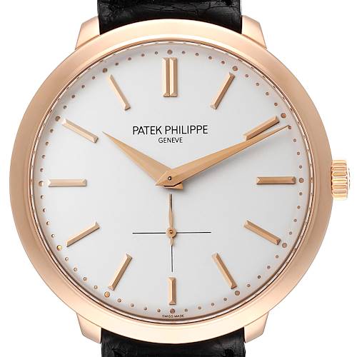 This image shows a frontal view of a Patek Philippe Calatrava watch, highlighting its dial, hands, and crown.