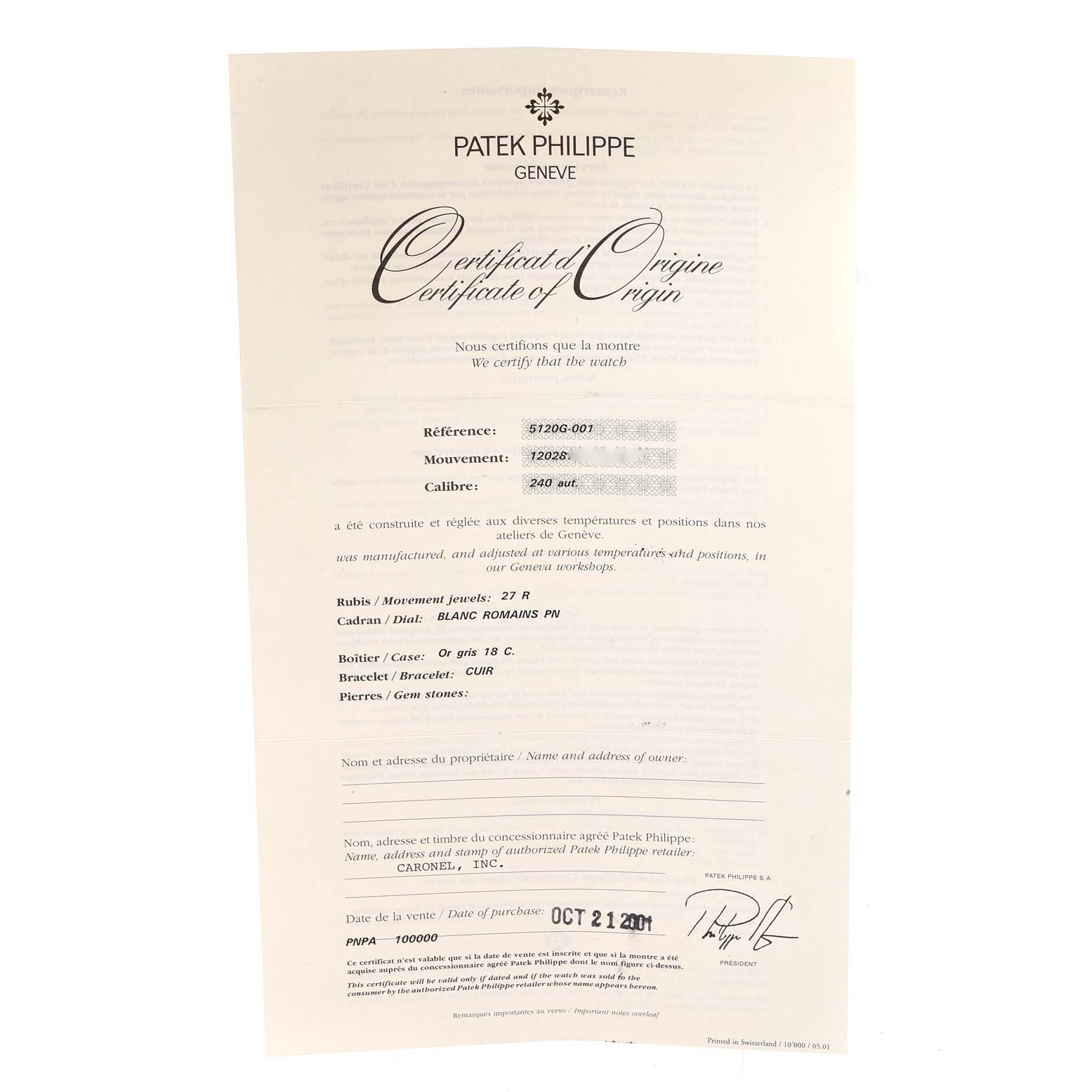 The image shows the Certificate of Origin for a Patek Philippe Calatrava 5120G Men's White Gold White Dial 5120G Men's White Gold White Dial model watch, viewed from a top-down angle.