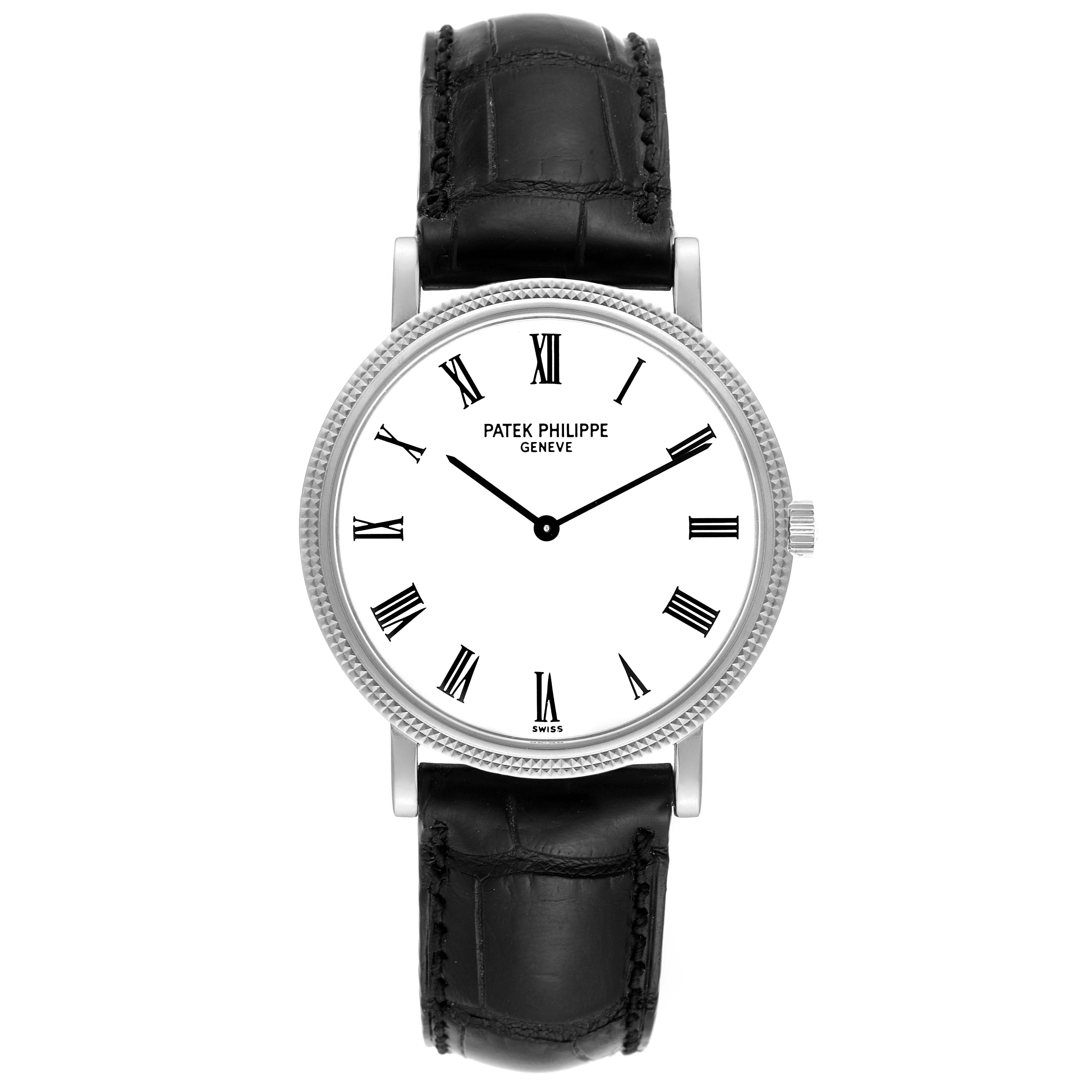 The image shows a front view of the Patek Philippe Calatrava 5120G Men's White Gold White Dial 5120G Men's White Gold White Dial watch, displaying its face, bezel, and leather strap.