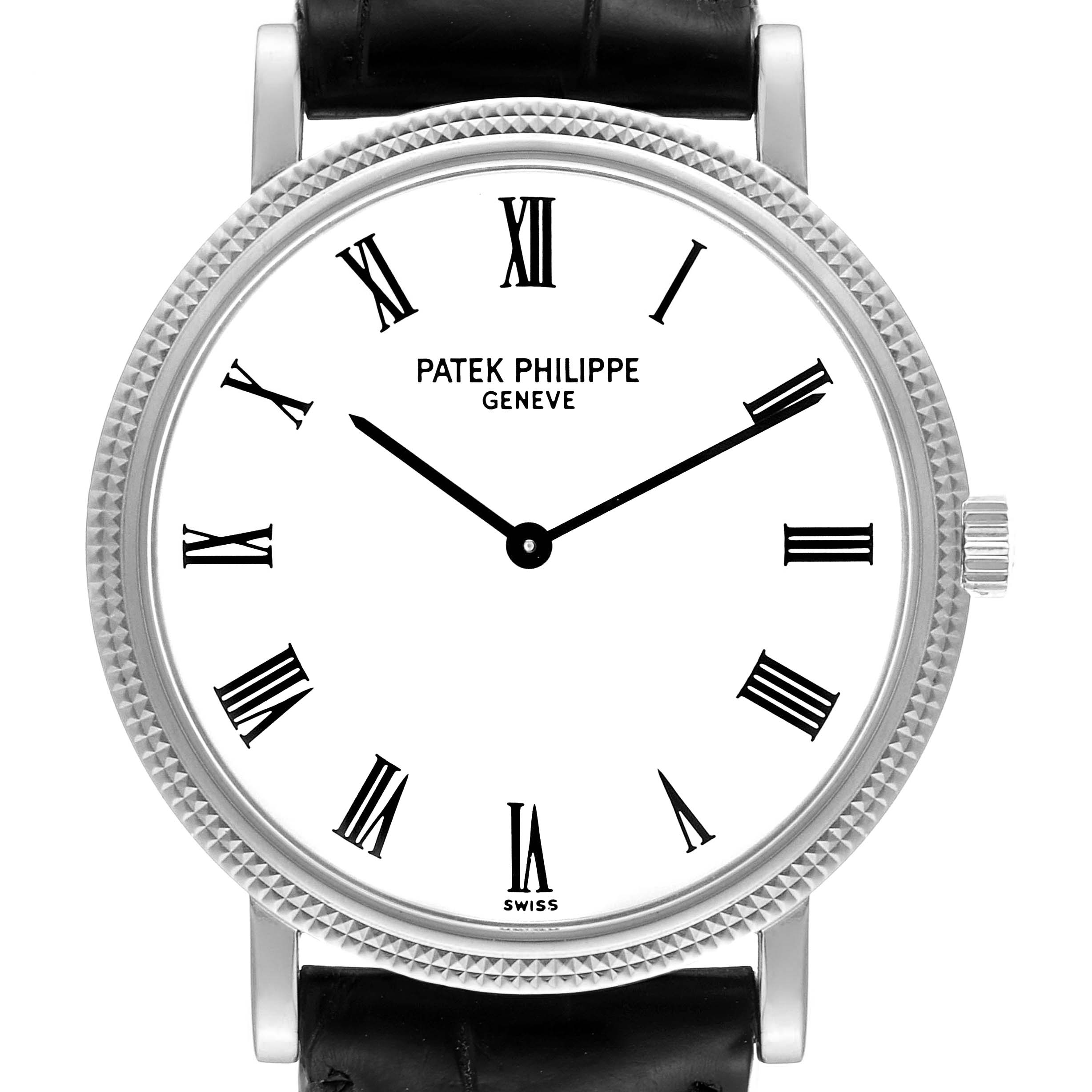 The image shows the front view of the Patek Philippe Calatrava 5120G Men's White Gold White Dial 5120G Men's White Gold White Dial watch, highlighting its dial, hands, Roman numerals, and crown.
