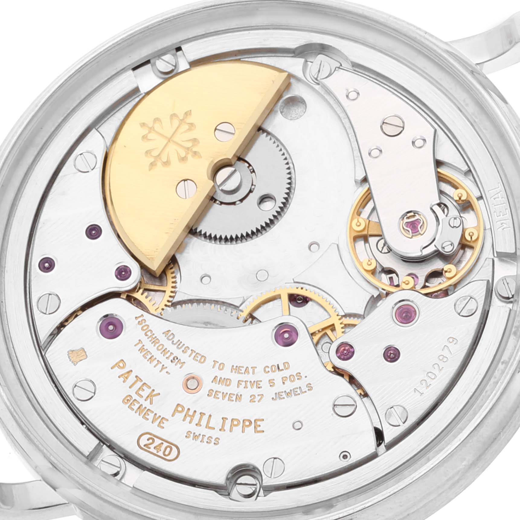 The image shows the movement from the back of a Patek Philippe Calatrava 5120G Men's White Gold White Dial 5120G Men's White Gold White Dial watch, revealing gears and the rotor.