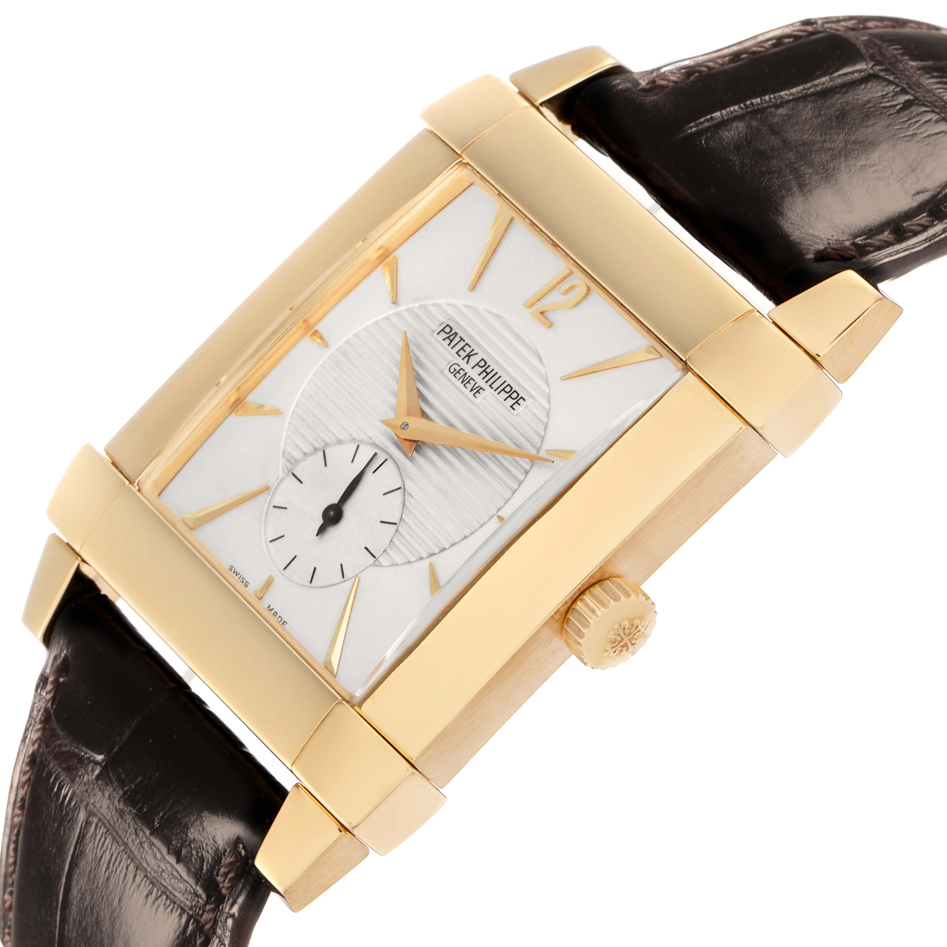 The Patek Philippe Gondolo 5111J watch is shown at an angled view, featuring its gold rectangular case, crown, dial with gold hour markers, and a brown leather strap.