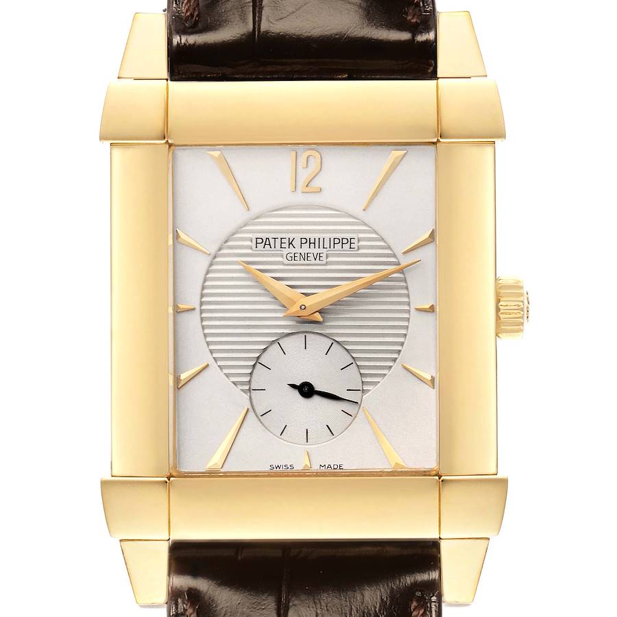 The image shows a front view of the Patek Philippe Gondolo model 5111J men
s watch, highlighting its rectangular gold case, dial, and leather strap.